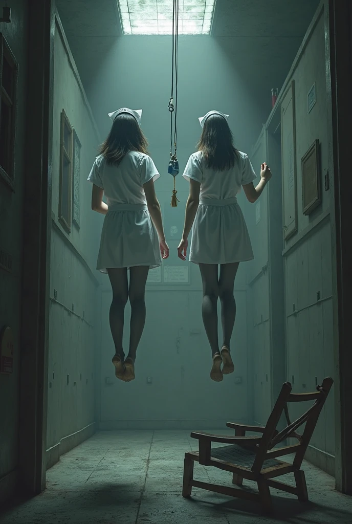 Scene of two female nurses in white thigh high stockings, hanged, thòng lọng, hovering in the air , The chair fell at the nurse's feet.