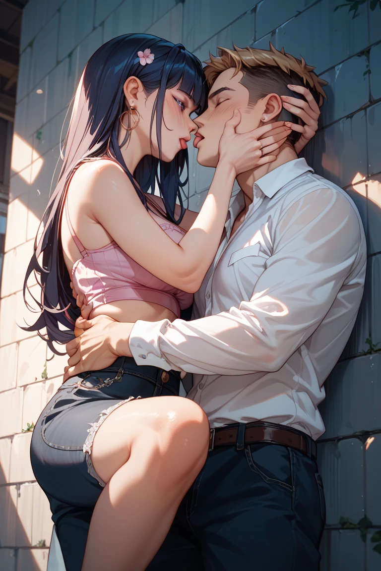Man grabs woman's face、male back、 intense kisses、Forceful、Wall-don、A woman is leaning against a wall、from below
