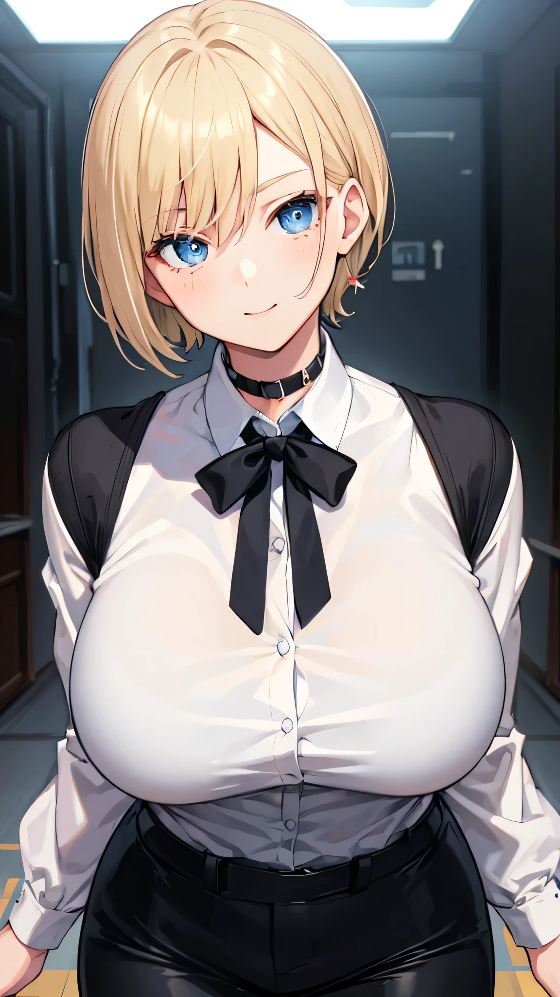 masterpiece, Highest quality, High resolution, (Artificial Human Room No. 18),1990s \(style\),(E-cup beautiful breasts)、height: 170cm,Sweating all over the body、vapor、Muscular、((sexy))、(sex),(nsfw),(M-shaped legs),Sweaty、(Breasts spilling out of clothes),独奏,Anime-style painting style, blonde hair, Blue eyes, belt, jeans, pearl_necklace, bracelet, black gloves, white shirt, short hair, short sleeves, earrings, blue short pants, open vest, black vest,middle breasts,Composition focusing on the upper body,(Cool face)、Pointed eyes,A face writhing in pleasure