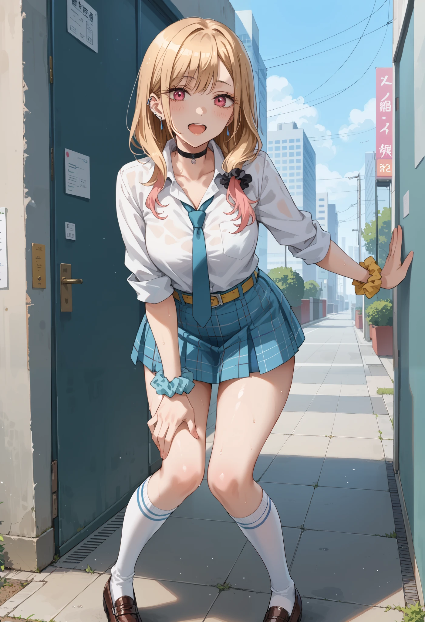 ( Full Body Shot ), (( backshot)), (view from behind), girl, FIT GIRL, KJOmarin, blonde hair, length hair, pink eyes, earrings, ear piercings, multicolored hair, source_anime, masterpiece,Best Quality, huge chest, fancy fix,1人のgirl, jewelry, tie, earrings, office skirt, tight skirt, blue skirt, belt, yellow belt, belt at waist, chest, shirt, length_hair, thigh high socks, wrist_scrunchie , medium_chest, choker, white_ shirt, open_mouth, thigh plaid, , collared_ shirt, tied_ shirt, 前hair, Alone_concentrated, schools_uniform, red_tie, outdoor, shirt_Tucked _in, black_choker, scrunchie , sleeve_ wrapped_up, Thick Thighs, blurry_background, collarbone, white_thigh high socks, parted_前hair, Skindentation, exhausted , ((lean forward)), (Hands touching the knee ), moans, heavy breathing, when I went black, wet, in danger, excited