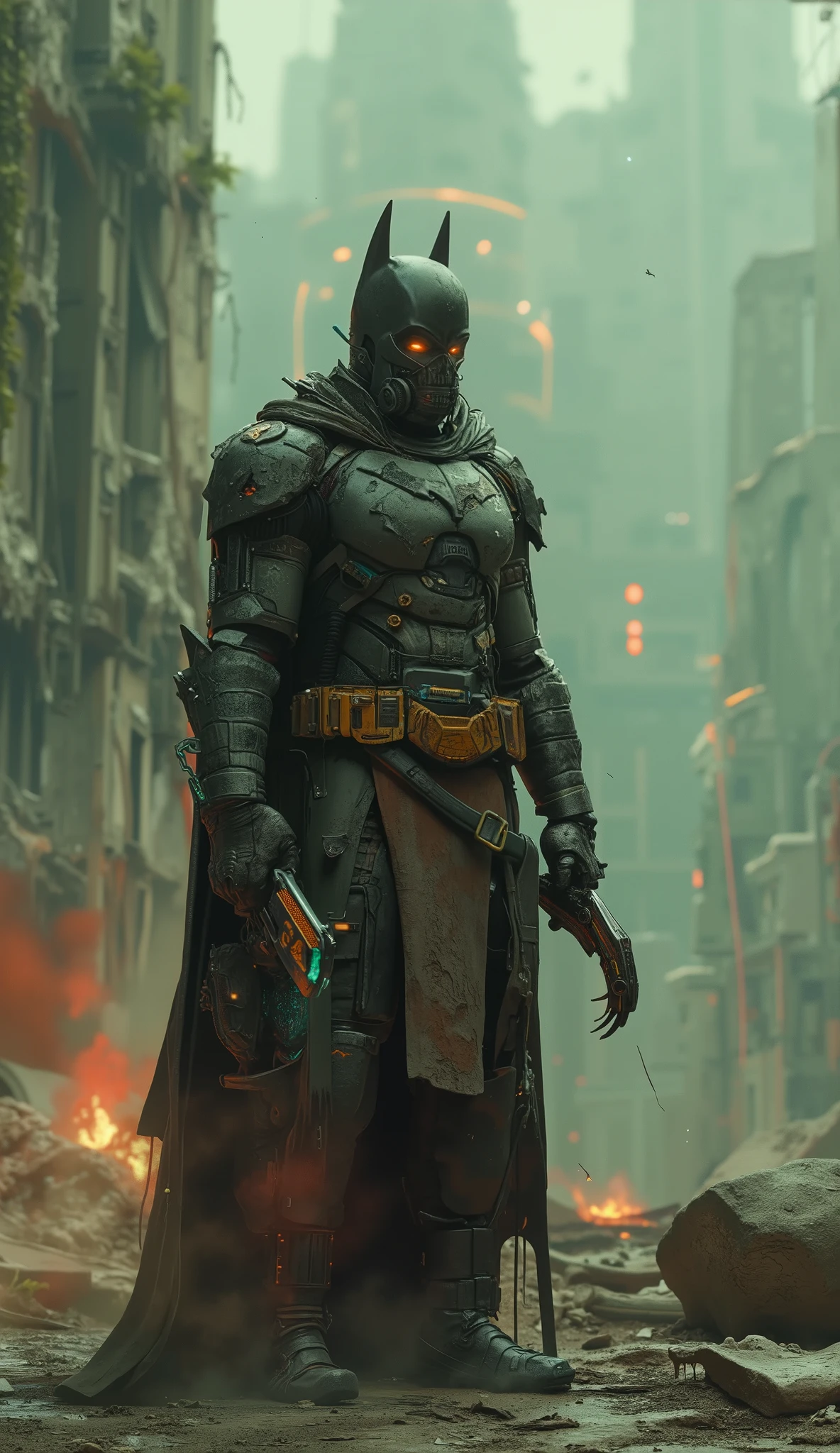 A realistic, human depiction of Batman with glass gas mask in the year 2200, standing amidst the ruins of a once-great city. Bruce Wayne, now a grizzled and battle-hardened man, wears a tattered, high-tech suit patched together with scraps of advanced materials, his iconic bat emblem barely visible, scratched into a piece of armor. His cowl is integrated with a full-face mask, its sleek, black surface reflecting the faint light of the smoldering city. The mask features a glowing, bat-shaped visor, giving him an otherworldly, intimidating appearance. His cape is torn and frayed, billowing in the polluted wind. In one hand, he holds a grappling hook made of glowing energy lines, and in the other, a high-tech batarang with a cracked, weathered surface. The background features abandoned skyscrapers, overgrown with vines and crumbling under the weight of decay, while thick smoke swirls in the air, illuminated by the faint, eerie glow of a damaged reactor. The streets are littered with debris and remnants of old technology, and the sky is a sickly green, casting an otherworldly light over the desolate landscape. Batman stands tall, exuding resilience and determination, a lone protector in a shattered world.