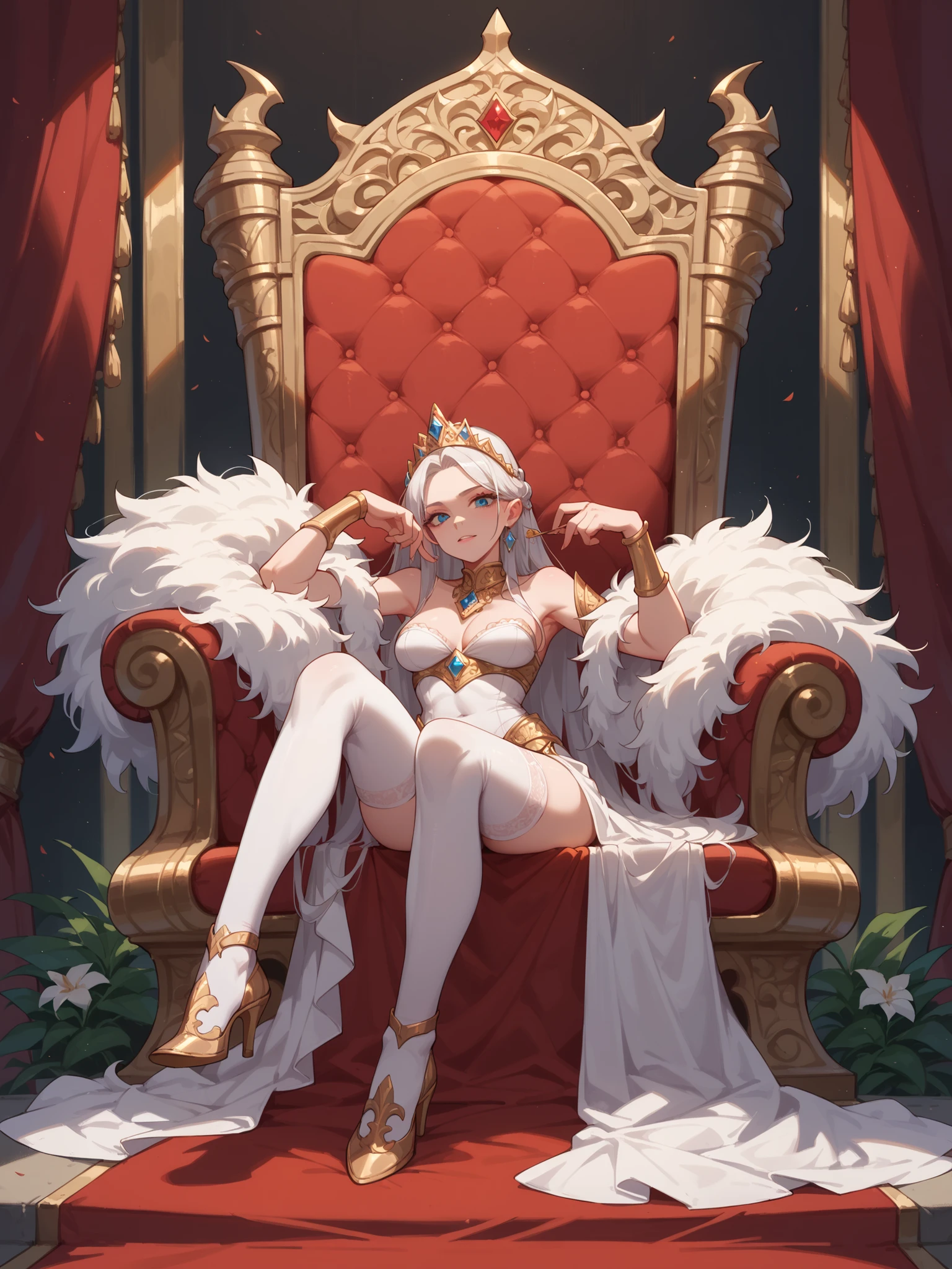 score_9,score_8_up,score_7_up, source_cartoon, source_furry, horse, a sexy Anthro furry equine girl, tall body, hourglass figure, adult female, blue eyes, :3, silver fur, long blonde hair, highlights in hair, looking ready to fuck, in heat, eyes sparkling, in a celestial throneroom, seductive, white silk, slutty, silken thighhighs, gold jewelry, gold bracelets, gold necklace, gold earrings, armlets, pussy, big breasts, (horsegirl), pegasus, unicorn, (alicorn), (princess of lust and sex), solo, sitting on a throne, marble pillars, marble floor.