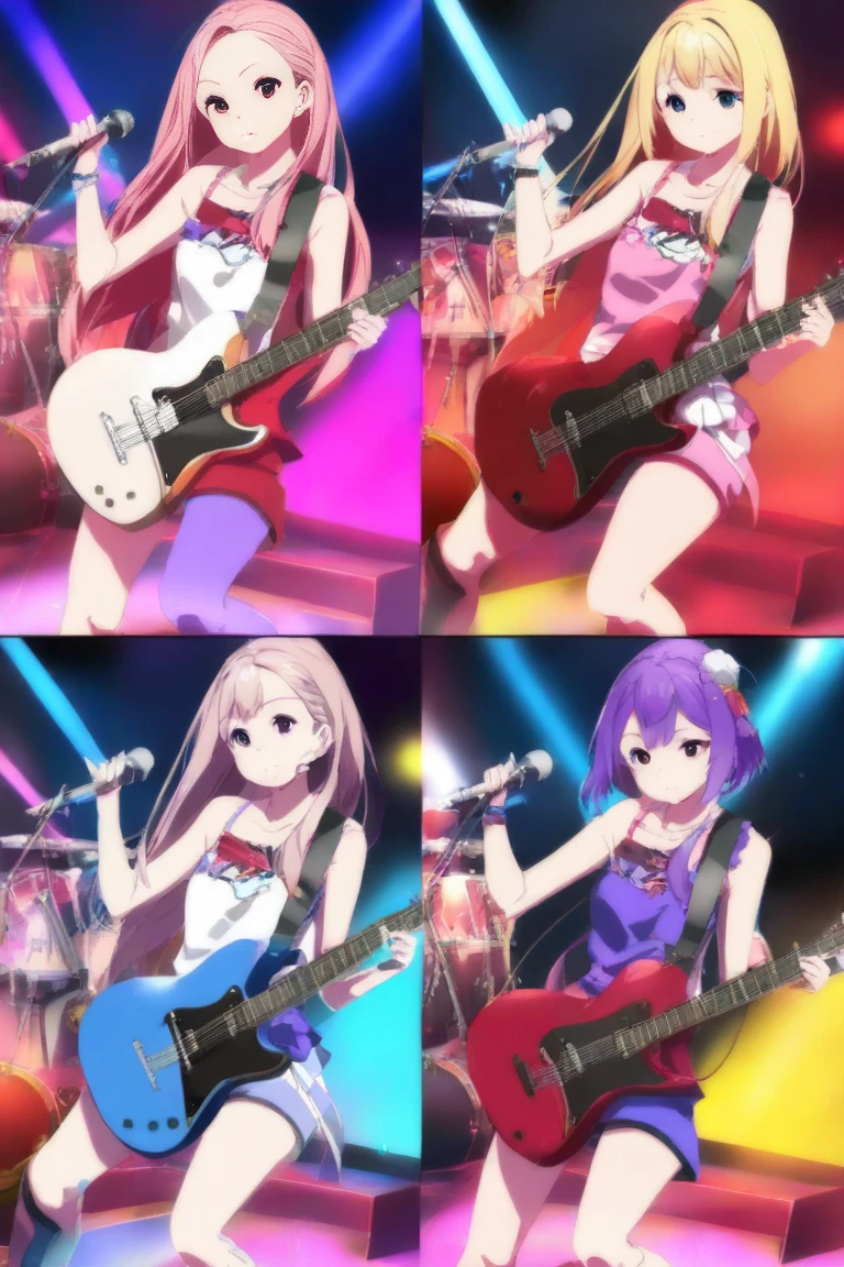 Three female musicians (ethnicity:1.2), (age:1.1), (detailed clothing:1.2), (accessories:1.1), (facial features:1.3), (expression:1.2), (body type:1.1), (pose:1.2) playing electric guitars on a stage, center stage, facing the viewer, mid-performance. The blonde girl (hair color:1.2) on the left, the pink haired girl in the middle and the purple haired girl on the right, all playing guitars, (detailed skin texture:1.2). Bright, colorful stage lights (neon colors:1.2), vibrant pink stage floor (color palette:1.1) detailed drum kit (detailed design:1.1) in the background. Stylish, rock music concert atmosphere, digital art, anime style, vibrant colors, detailed illustrations, (detailed outfits:1.2), (detailed hair:1.1). Composition balanced, full shot, low perspective. Close-up on the musicians, High detail, photorealistic style, action shot.