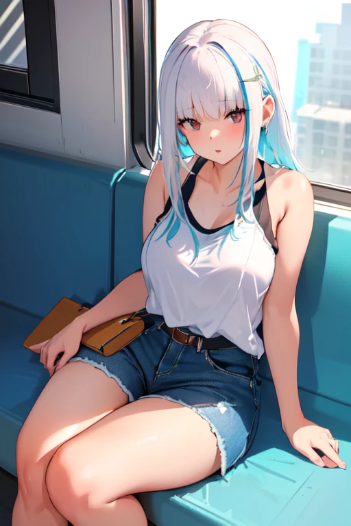 (masterpiece, highest quality, ultra high res, ultra detailed:1.3), 1 cute girl, ideal ratio body proportions, pink medium hair, half twintail, small breast, from below, front view, yellow tank top, tank top covered nipples, blue denim mini skirt, white panties, sitting, open legs, riding on a seesaw, view from the other side of the seesaw, 