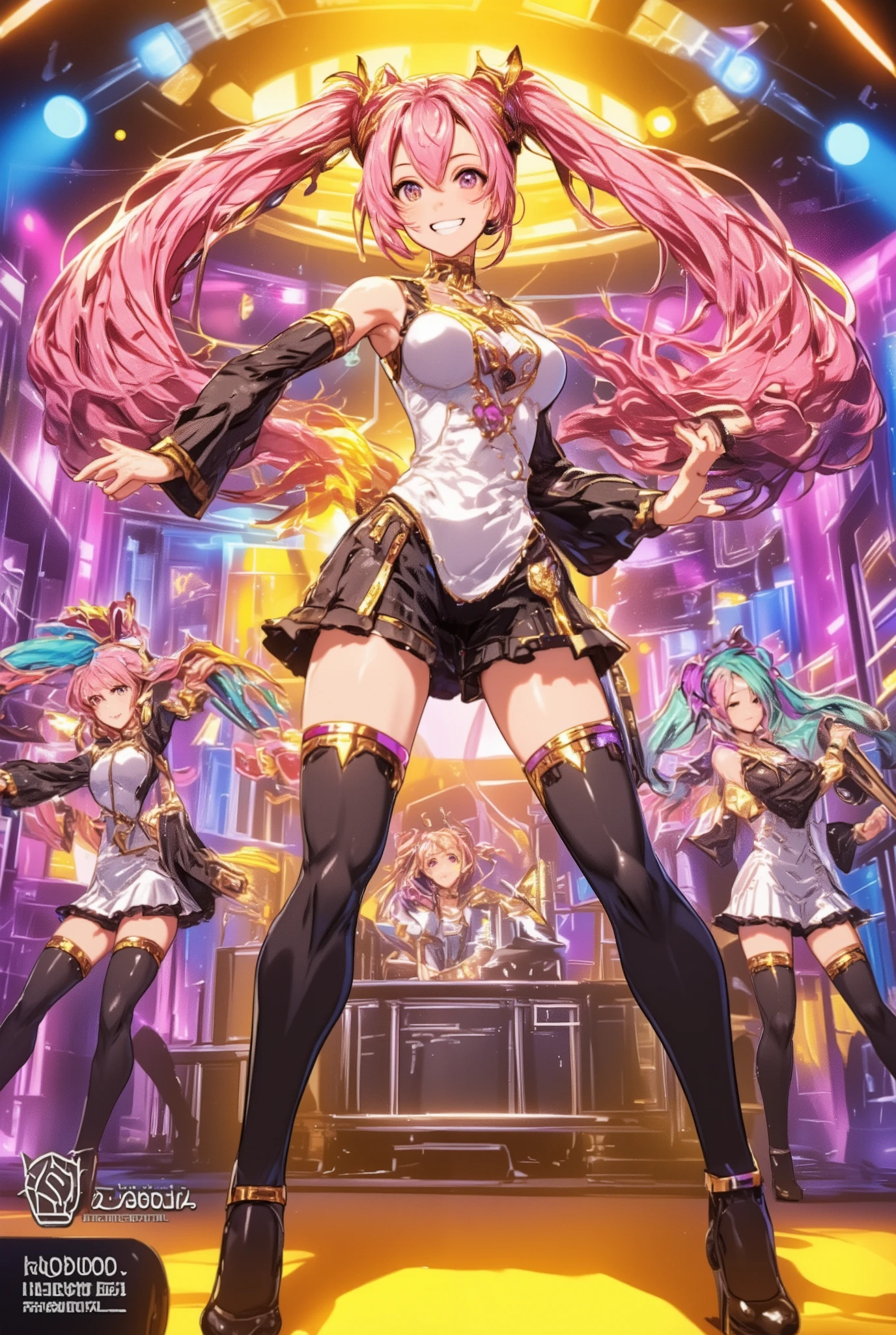 masterpiece, couple, dynamic, host club, champagne tower, raise hands, confident lol, overhead view, strabismus, high resolution, profoto, street corner, crotch, pink, sheer, spotlight, rock singer, 1girl, solo, rainbow hair, hoodie, navel, straight hair, hands in pockets, headphones, long hair, tattoo