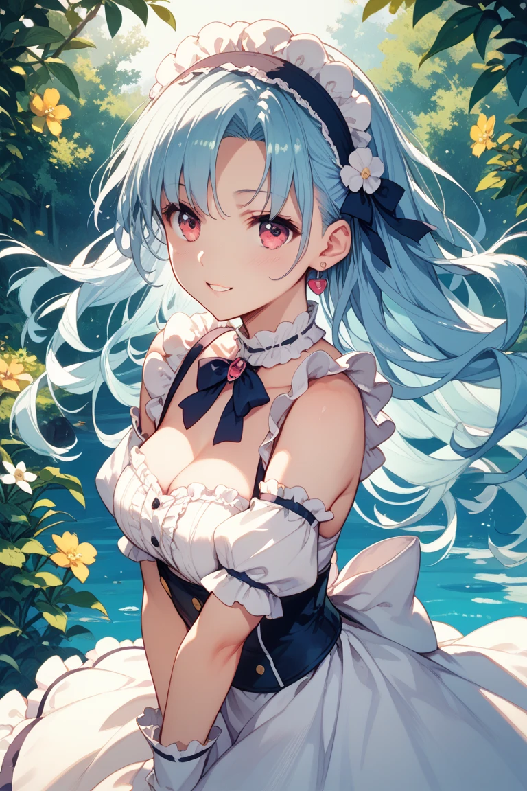 (super fine illustration:1.2),(masterpiece, 8k), (best quality, high quality:1.4), perfect anatomy, hyper detailed, ultra detailed,masterpiece background,beautiful detailed background, v8k wallpaper,perfect design,award-winning art,atmospheric,
BREAK Beauty 1 Girl,Solo,(Cute:1.5),(Chibi:0.6),(kawaii:1.5),(Loli:0.5),BREAK,(17 years old girl),Very detailed,colourfull,highest details,Clear skin,Beautiful skin,Shy,Very detailed,colourfull,highest details,BREAK,Clear skin,Beautiful skin,Shy skin,1 beautiful girl,(Heterochromia,blue eyes,green eyes:1.75),star eye silhouette,BREAK (pale blue hair, Medium length:1.4),(side ponytail,A little curly hair,Princess Cut, crossed bangs:1.3),(cleavage of the breast,Big breasts,Beautiful breasts,Large breasts:1.5),(long eyelashes, Double eyelids:1.2),Solo,gleaming skin, Clear skin, Beautiful skin,(best quality face),(Top quality glowing eyes), (The best smile,:D:1.45),
BREAK, (music motif inspired:1.2), white lace, (closed collar long-sleeved blouse:1.2) with frilled and ribbon, a volumey pannier under a (musical note-pattern long dress:1.6) with (lots of layered frills:1.2) and ribbons, (lace ruffle socks:1.2), music-themed accessories, hat, platform shoes,BREAK, (flower garden:1.8), (magic circle:1.3), (fantasy:1.5), (long shot:1.5), Midday, (light rays:1.2), lights, blue sky, wind, fluttering petals, illusion effect, magic effect,
BREAK,wakame,wakame,wakame,(looking up,from front:1.5)
(going up on stairs:1.5),
BREAK,(Blurry background:1.3),(absurderes, hight resolution, Super Detail Art),cel shading,Clear Color, Lonely optical effect, Beautiful pictures, Bright glow, mystic atmosphere,(Close-up of girl:1.1), Mystical light particle effect,manga influence, clean line drawings,
