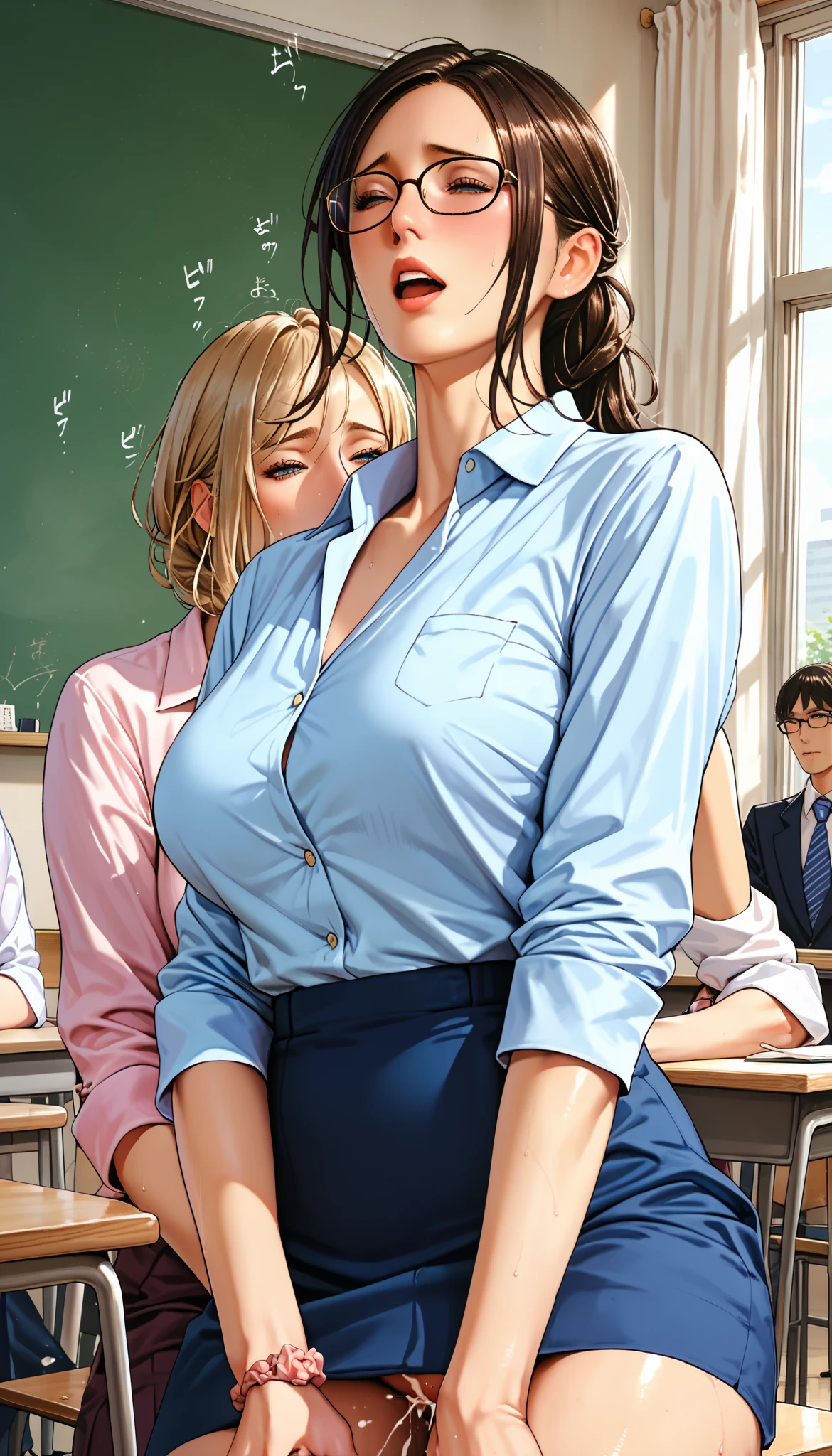 rape、(female teacher with small :1.5)、mature women、 orgasm、wearing glasses、