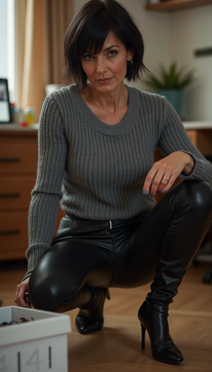 Mature woman 60 years old short gray hair looking back on knees