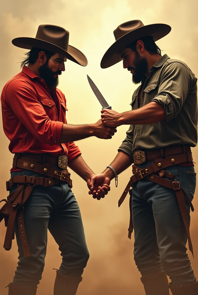 drawning. fight scene between two gauchos. One is strong and has a giant knife in his hands, the other has a sword and is smoking a cigarette. The two are furious. They are in a green field and in the background there is a horse and a beautiful woman.