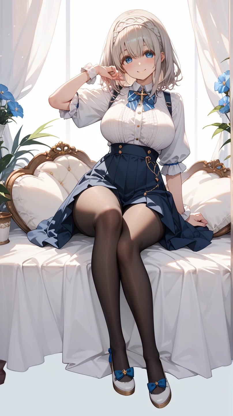 Has short white hair,Glass Hitomi,adolable,close-up all over the body,Keep your mouth shut,超高分辨率,extremly intricate,Wear a white vest,Dull hair on the head,Wear a short skirt,A hexagonal gold brooch is worn on his chest,The chest is small,teens girl,Holds a magic wand in his right hand,Bare legged,Wear socks,Very beautiful,15 years old,Brush a twisted braid,with fair skin,teens girl,A shy look,sit on a bed,Top angle of view,4K