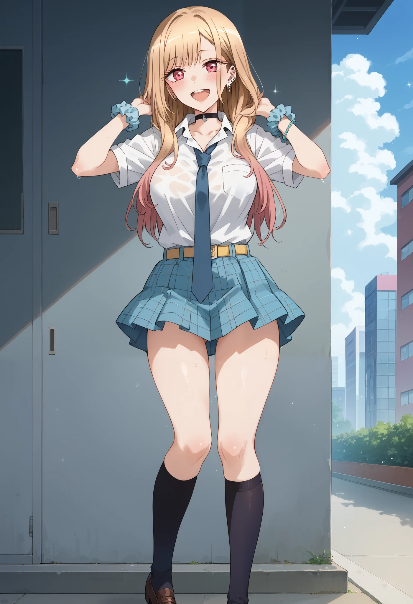 best quality, (masterpiece:1.2), detailed,
Beichuan Marine SB,
1 girl, alone, expressionless，poker face，
long hair, blonde hair, red eyes, colorful hair, earrings,
Uniforms, collar, White shirt, pleated skirt, blue skirt, blue tie,
Permanently installed, looking at the audience,(hand in panties:1.4),spread their legs,white panties,
classroom