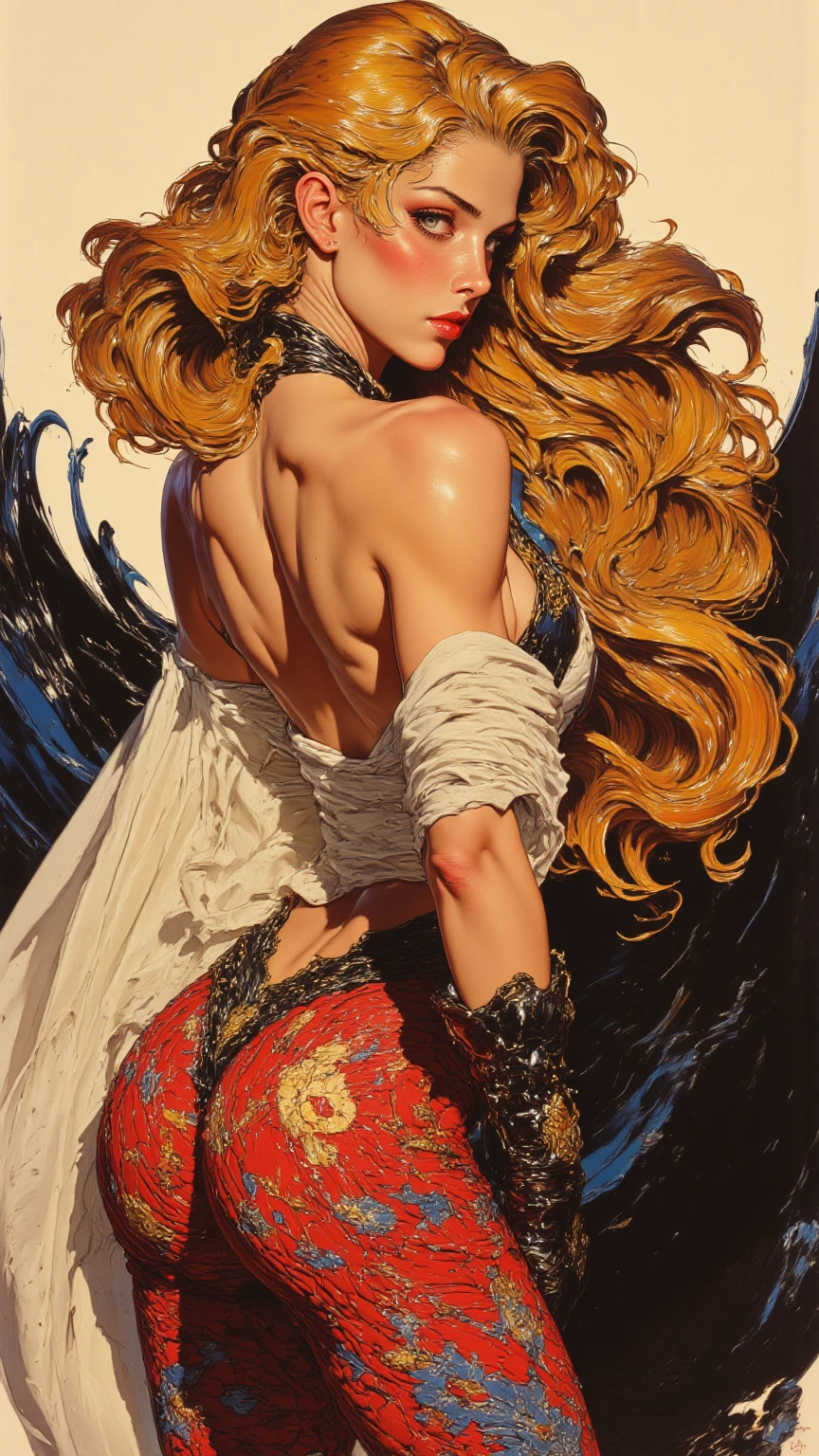 A stunning digital painting of (Emma Stone:1.0) by (Wayne Barlowe and Roger Dean:1.2), Loose, beachy waves with a deep side part, framing the face and cascading down the shoulders in a wild, untamed look. wearing A mustard yellow wrap blouse paired with dark wash skinny jeans. Paired with nude ballet flats, a coordinating leather clutch, and minimal gold jewelry for a casual yet polished look. , (She stands with her side to the camera, one hand resting on her waist, the other stretched out holding onto a piece of fabric, a scarf, or the brim of a hat. She gazes off into the distance, adding an element of longing to the pose.:1.1) ,(CG unity,realistic,ultra detailed,incredibly detailed,high detailed,epic fantasy character art,extremely detailed,realistic lighting,unreal engine,elegant,ambient occlusion,hyper detailed illustration,Dramatic,intricate,highly detailed,subsurface scattering,intricately designed,super realistic,volumetric lighting,captivating scene,A mesmerizing, hyper-realistic portrayal,sharp focus,beautifully crafted digital painting:1.2), <lora:jimLeeDCComicsMarvel_offset:0.85>, jim lee