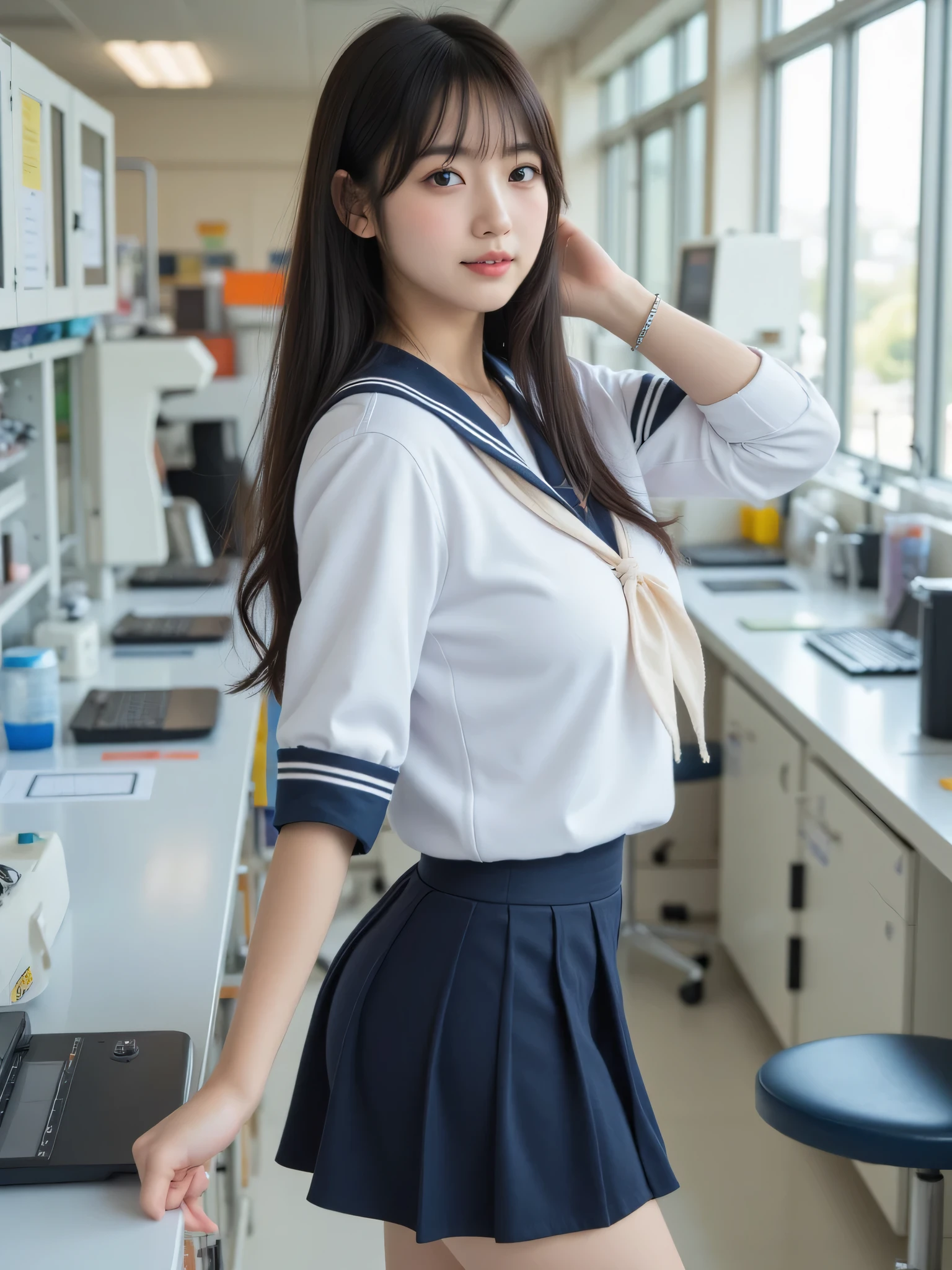 japanese cute idol, Japanese cute girl, kawaii, a beautiful young girl dressed up as a sailor girl posing, 1girl, solo, school uniform, serafuku, skirt, black hair, long hair, looking at viewer, socks, masterpiece, best quality, hyper detailed, insanely detailed, 16k, absurdres, japanese,cute, kawaii, photorealistic, Realism, raw photo, real person, school laboratory
