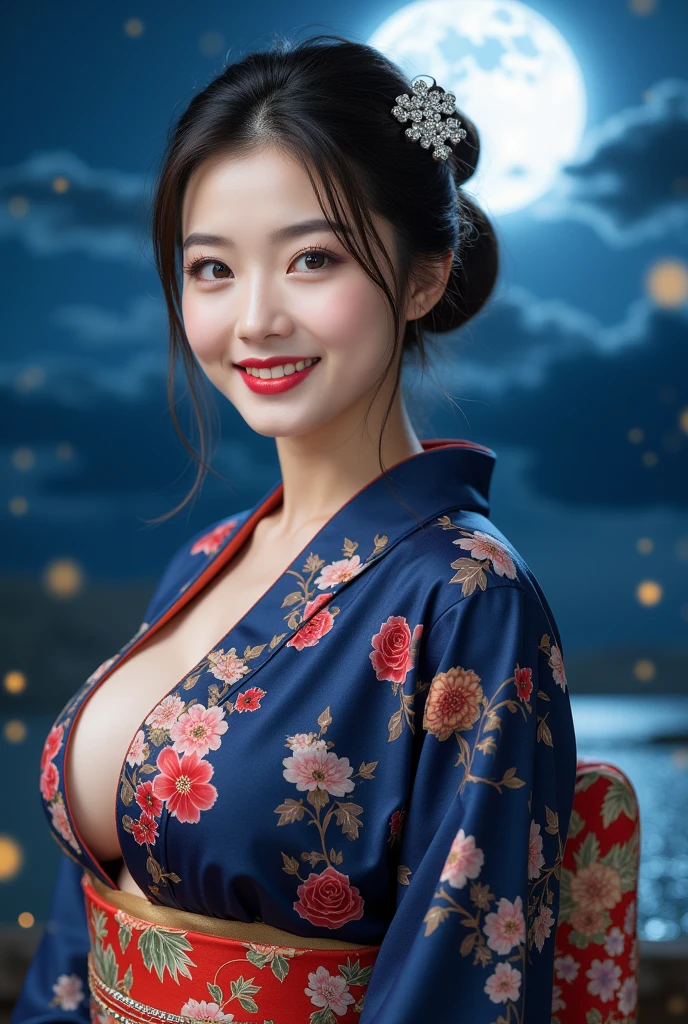 (RAW shot: 1.5, Realistic: 1.5, 8k, highest quality, masterpiece, Ultra-high resolution), Japan, Mysterious light in the darkness: 1.3, Skin and face texture: 1.3, cute slim woman, Sexy beauty, Perfect Style, Beautiful Skin, Very beautiful face, (shy smile, Facial expressions when feeling happy), (wear Kimono: 1.1), (Close-up shot, Full Body Tattoo, night, Fascinating Light)、(Anatomically correct)、(Perfect body proportions)、(Natural Hands、Natural Fingers)、(Breast Goddess, ((Round face)), Realistic Eye Size, Droopy eyes, smile,I'm bathed in dazzling light、Big Eyes、Droopy eyes