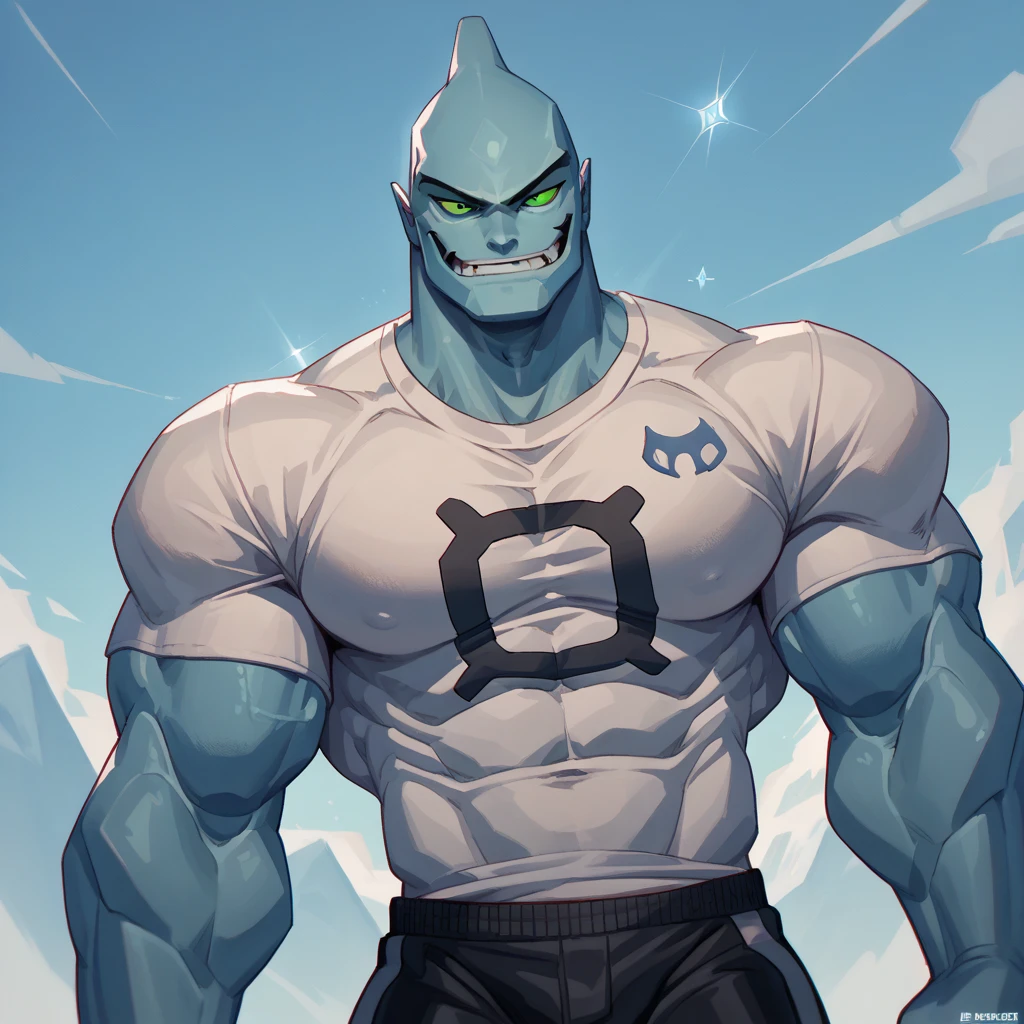 Machamp,pokemon, bald, grey skin, 4 arms, man, championship belt, looking at viewer, smiling, happy, standing, inside ice cream parlor, holding 4 ice cream cones, playful ambiance, high quality, masterpiece, <lora:Machamp:.9>