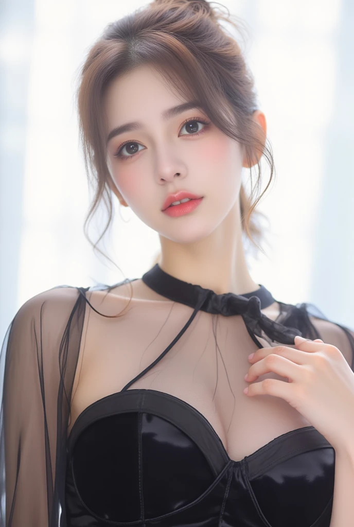 best qualtiy， tmasterpiece， 1girll， beauitful face， （photograph realistic：1.3），  （highdetailskin）， 8K, Ultra HD， digital SLR camera， high high quality， A high resolution， 4K， 8K， Bokeh， absurderes， Optimal proportions of four fingers and one thumb， （realisticlying：1.3）， Cute 1girl， Wearing a black formal blazer， mediuml breasts， Short white dress，Stand up