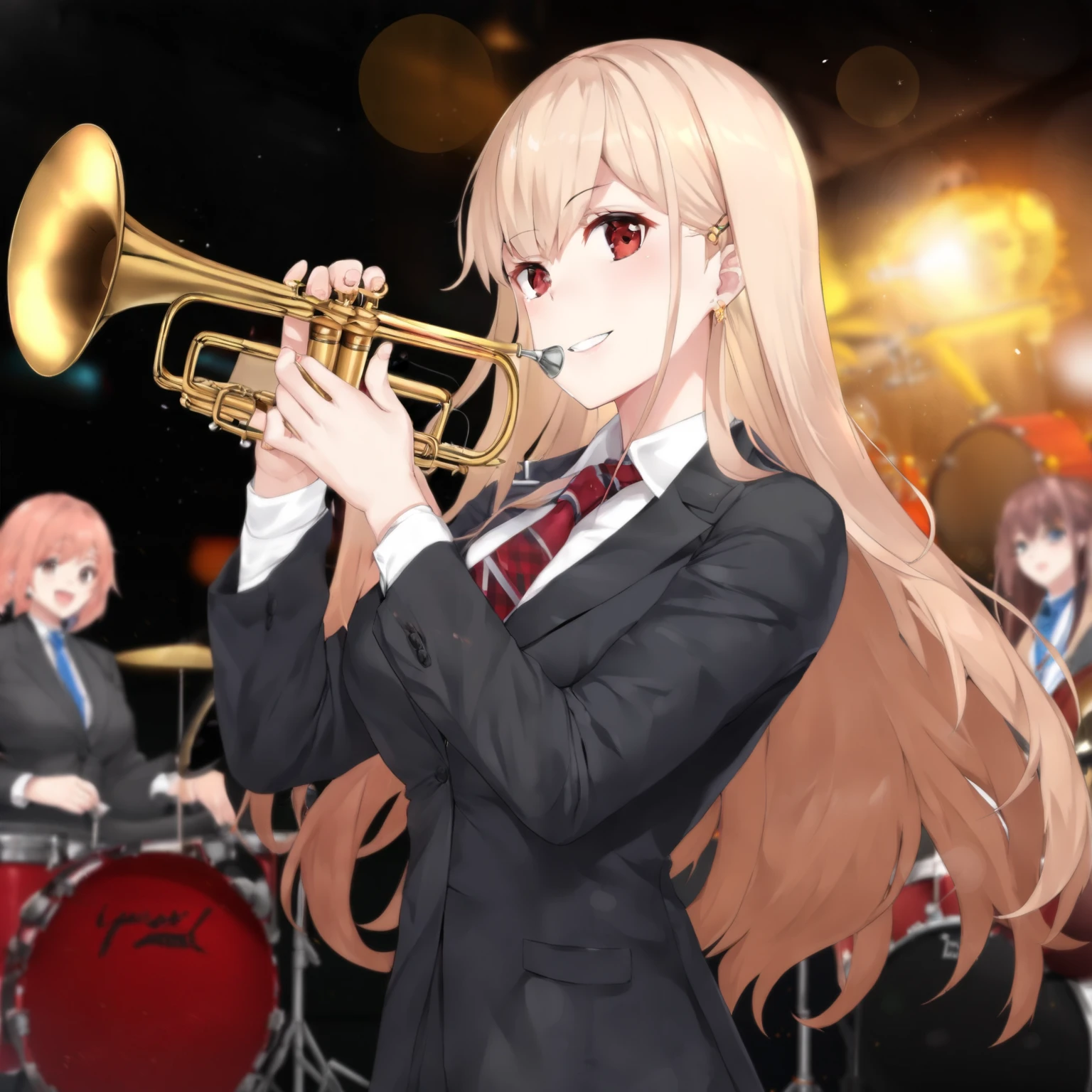 (best quality,8k,highres, masterpiece:1.2), (anime style),ultra-detailed, HDR, UHD, studio lighting, ultra-fine painting, sharp focus, physically-based rendering, extreme detail description, professional, vivid colors, bokeh, portraits, concept artists, warm color palette, dramatic lighting,The girls are playing the trumpet, guitar, and drums, each with cheerful smiles, during a live performance at the cultural festival, wearing suits; the drums are in the back, the guitar in the middle, and the trumpet is at the front.