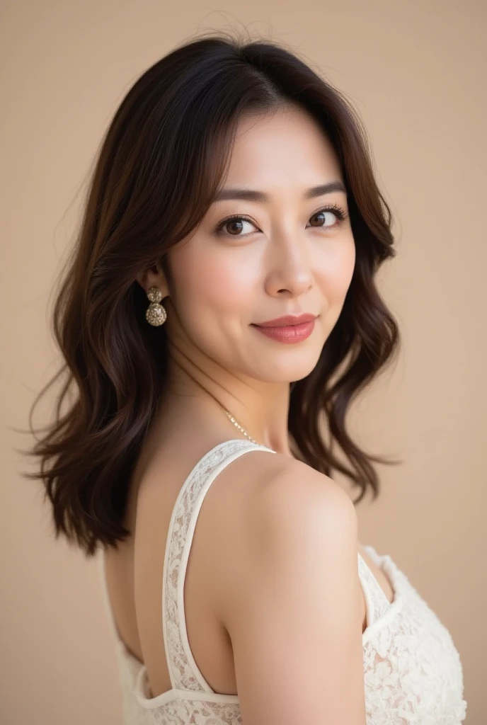 ((Highest quality)), ((8K)), ((masterpiece: 1.3)), (Perfect appearance), (Photorealism: 1.6), (JMA), (KE), (Bedroom: 1.2), (sitting in front of the dresser: 1.2), (後ろ髪を掻き上げうなじを見せるJapanese Mature), (He is combing the hair at the back of his head with a hand comb.: 1.4), (Back view), (Diagonal angle from behind: 1.4), (Portrait from chest up: 1.4), (60 years old, Japanese Mature), ((Realistic skin texture)), (Fine wrinkles all over the skin), (Dullness), (Facial wrinkles), (Wrinkles around the eyes), double eyelid, Tear bags under the eyelids, The face is slightly down, Smiling Kindly, close your eyes, (Hand-combed hair: 1.2), (Leave a little hair on your neck), (Showing the nape: 1.6), (Nightgown: 1.2),