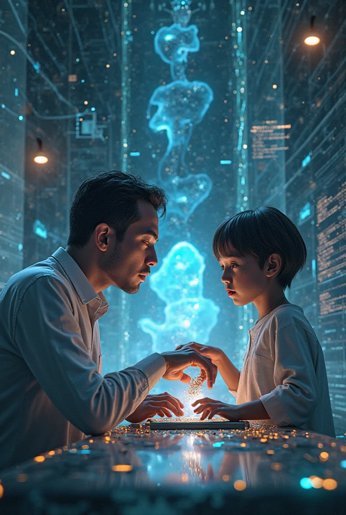 Imagine a futuristic scene where a boy is receiving knowledge directly from a glowing, high-tech device. The boy is sitting calmly with a focused expression, and the device above him emits beams of light and data streams into his head. The surroundings are minimalistic and futuristic, with sleek surfaces and subtle technology in the background, symbolizing advanced knowledge transfer