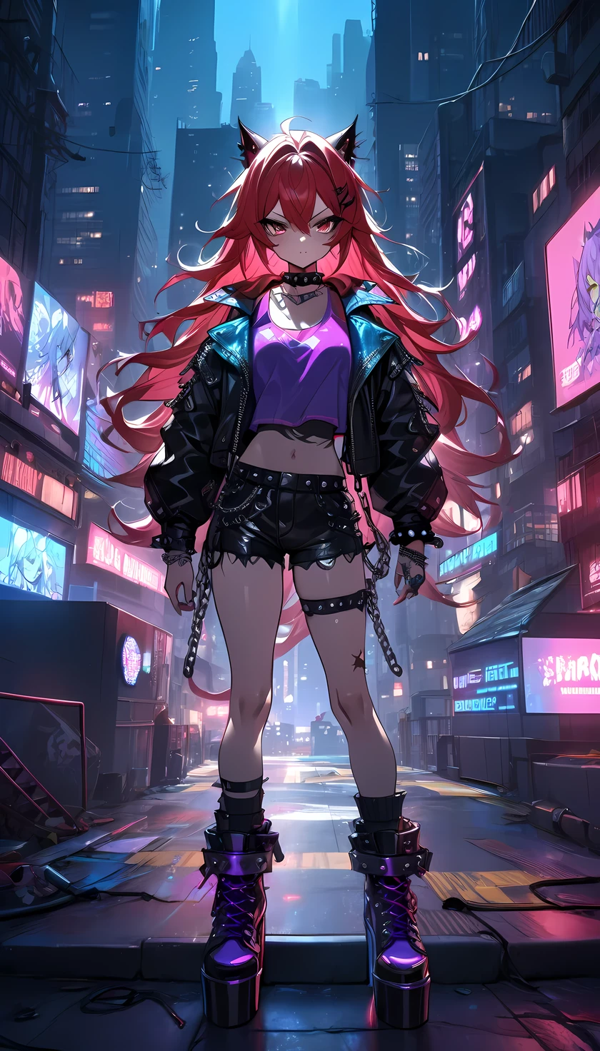 (((Best quality, 8k, Masterpiece: 1.3)), ((best quality)), ((masterpiece)), (detailed), perfect face, perfect body, (detailed skin:1.3), (intricate details), A rising punk rock star radiating fierce confidence, standing atop a neon-lit city rooftop at night. She has fiery red hair styled in wild, choppy layers, framing her intense gaze. Her sharp, cat-like eyes are accentuated by thick black eyeliner and smudged smoky eyeshadow, giving her a rebellious, untamed aura. She wears a studded, electric blue leather jacket over a ripped neon pink tank top, paired with metallic purple leather shorts. Her body is adorned with multiple accessories—Chrome Hearts choker, layered silver chains, spiked bracelets, and numerous rings, reflecting the chaotic energy of punk fashion. Heavy platform boots with neon laces complete her daring look. The city skyline behind her glows with flashing billboards and neon signs, casting dramatic reflections on her outfit. A cool breeze lifts her vibrant hair, enhancing the raw, electric energy of the scene.