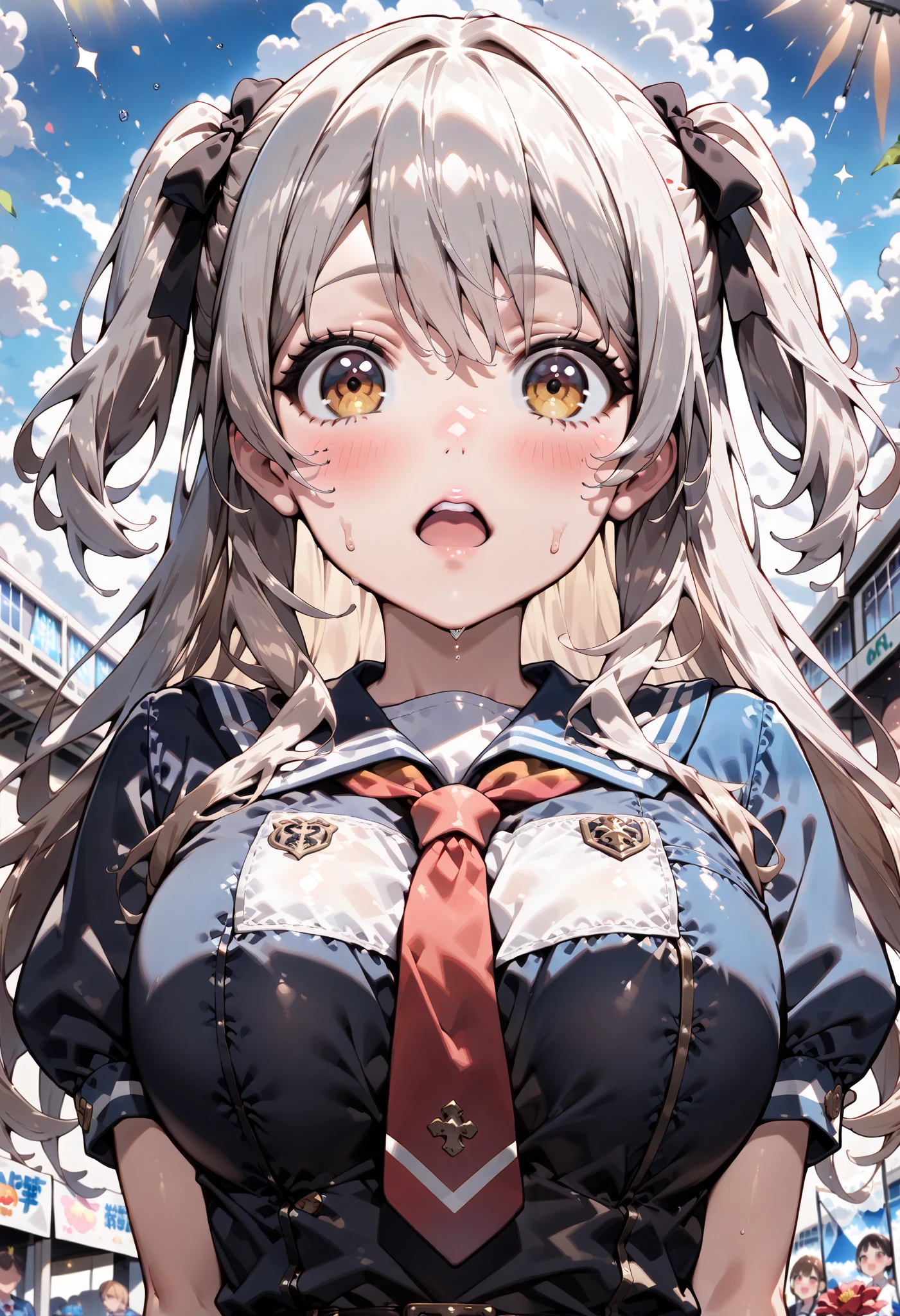 ((ultra-detailed)), (highly detailed CG illustration), (best quality:1.2), ultra-highly detailed, colorful composition, artistic photoshoot, 1girl, solo focus, ((upper body:1.4)), moe anime character, girl, dainty facial structure, (bab(round face), ((rounded chin:1.2)), celia-default, celia claire, (blue eyes), sparkle eyes, ((silver hair color)), ((two side up)), (hair ribbon with red), (school gym uniform), ((navy blue school gym buruma:1.4)), ((surprised:1.6)), ((blush:1.4)), ((looking viewer)), ((wet:1.4)), ((Sweat:1.4)), ((Blue sky and clouds background)), from front, best quality, masterpiece, expecting, pink cheek, blush, light pink gloss slip, portrait, depth of field, soft lighting, sidelighting, (shine), lighting, caustics, ray tracing, perfect face, lustrous skin, highly detailed face, perfect face, perfect nose, perfect hair, perfect anatomy, beautiful hair, beautiful small face, extremely detailed face, beautiful clavicle, beautiful body, beautiful ample breasts, leavage, breasts squeezed together, equalize the size of the left and right breasts, beautiful fingers, 4 fingers, 1 thumb, lovely, (very detailed background:1.0), (highly detailed background:1.0), spring aesthetic, intricate details, joyful atmosphere, spring colors palette, chromatic aberration