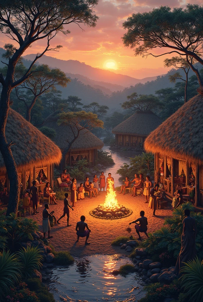 Un ancien village africain avec des huttes de paille, éclairé uniquement par des torches sous un ciel étoilé.