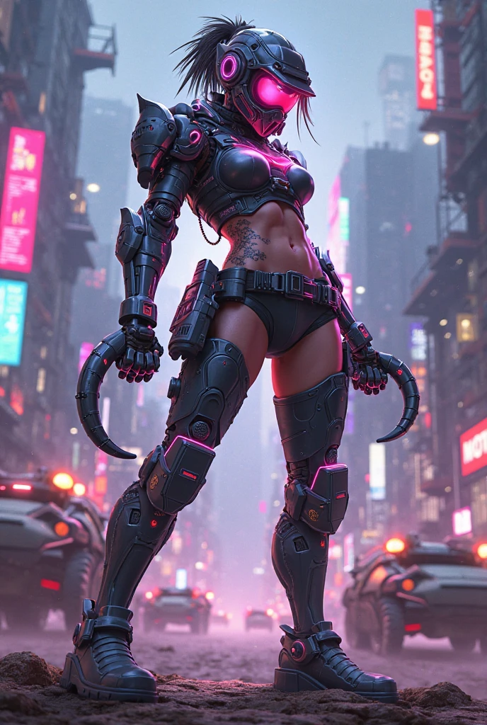 (Very detailed hands, Hand model:1.4), style of anime, Elf Arctic Ronin Villain, dark leather ,Magenta hair, feather braids,curlies, (Dark skin:1.3), Ninja sword, Keep your arms behind your head, raining night, In a cyberpunk starbase, In crystal, Mad Scientist Museum, Bombshell hair, neon black hair,with brown highlights, combed hair,antenna hair, curving