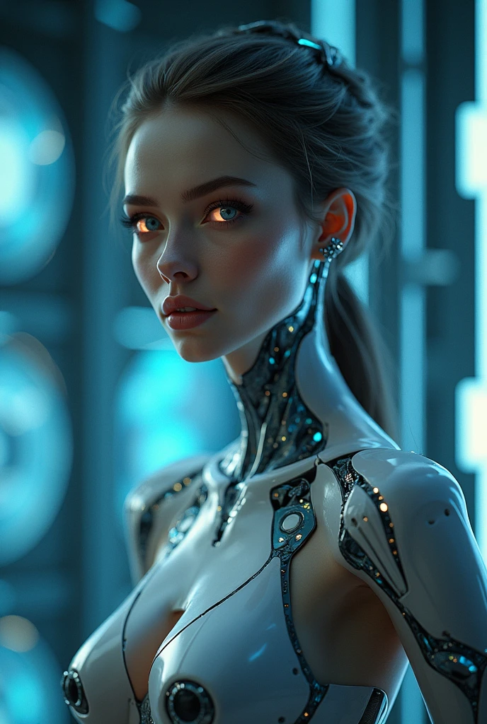 The magazine cover should feature a cyborg girl, organically integrated into advanced technologies, futuristic cityscape. Use the holographic overlay effect, to make the character and the city glow with a surreal and modern charm. Include augmented reality elements, which readers can interact with using their smartphones, to access additional digital content.