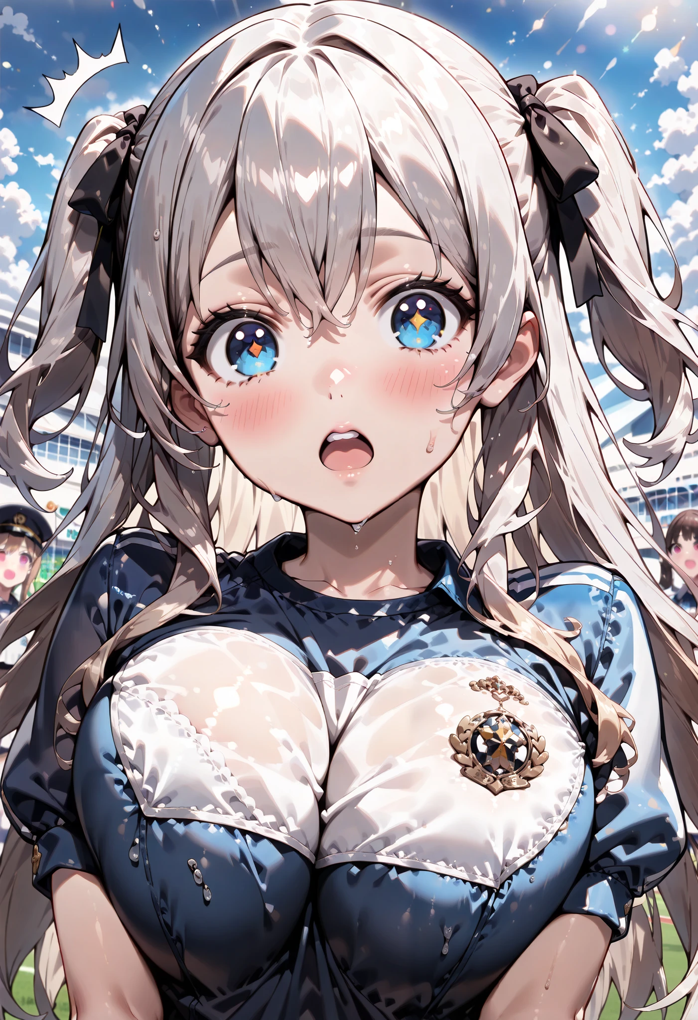 ((ultra-detailed)), (highly detailed CG illustration), (best quality:1.2), ultra-highly detailed, colorful composition, artistic photoshoot, 1girl, solo focus, ((upper body:1.4)), moe anime character, girl, dainty facial structure, (bab(round face), ((rounded chin:1.2)), celia-default, celia claire, (blue eyes), sparkle eyes, ((silver hair color)), ((two side up)), (hair ribbon with red), (school gym uniform), ((navy blue school gym buruma:1.4)), ((surprised:1.6)), ((blush:1.4)), ((looking viewer)), ((wet:1.4)), ((Sweat:1.4)), ((Blue sky and clouds background)), from front, best quality, masterpiece, expecting, pink cheek, blush, light pink gloss slip, portrait, depth of field, soft lighting, sidelighting, (shine), lighting, caustics, ray tracing, perfect face, lustrous skin, highly detailed face, perfect face, perfect nose, perfect hair, perfect anatomy, beautiful hair, beautiful small face, extremely detailed face, beautiful clavicle, beautiful body, beautiful ample breasts, leavage, breasts squeezed together, equalize the size of the left and right breasts, beautiful fingers, 4 fingers, 1 thumb, lovely, (very detailed background:1.0), (highly detailed background:1.0), spring aesthetic, intricate details, joyful atmosphere, spring colors palette, chromatic aberration