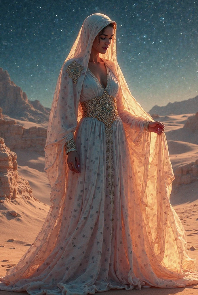 Highest quality, Highest quality, 16K, SFW, Unbelievably absurd, Very detailed, delicate and dynamic, Natural light, The particles reflect the colors of the rainbow, Diffuse reflection of light, Vortex of Light, There are many sandstorms, Beautiful desert, Colorful starry sky, Beautiful starry sky, milky way, shooting star, Moonlit Night, Sand Dunes, Create amazing image effects, upper body close-up, pyramid, (Cute y girl, firm chests, Sensual expression, Passionate, Hilarious, Vibrant, Arab royalty, Arabian Princess, Arabian Long Dress, Gorgeous Dress, Lavish décor, Dancing against the backdrop of a starry sky)