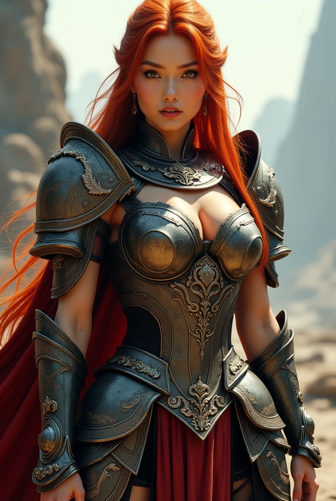 high quality fingers, normal hands, detailed fingers,masterpiece, (realistic, photo-realistic:1.37), (22 years old woman), katarina from league of legends, medium breast, small waist, dark red hair, blue eyes, beautiful face, perfect illumination, beautiful detailed eyes,looking at viewer, stunningly beautiful woman, detailed hairstyle, detailed background,shorts, detailed fantasy background,