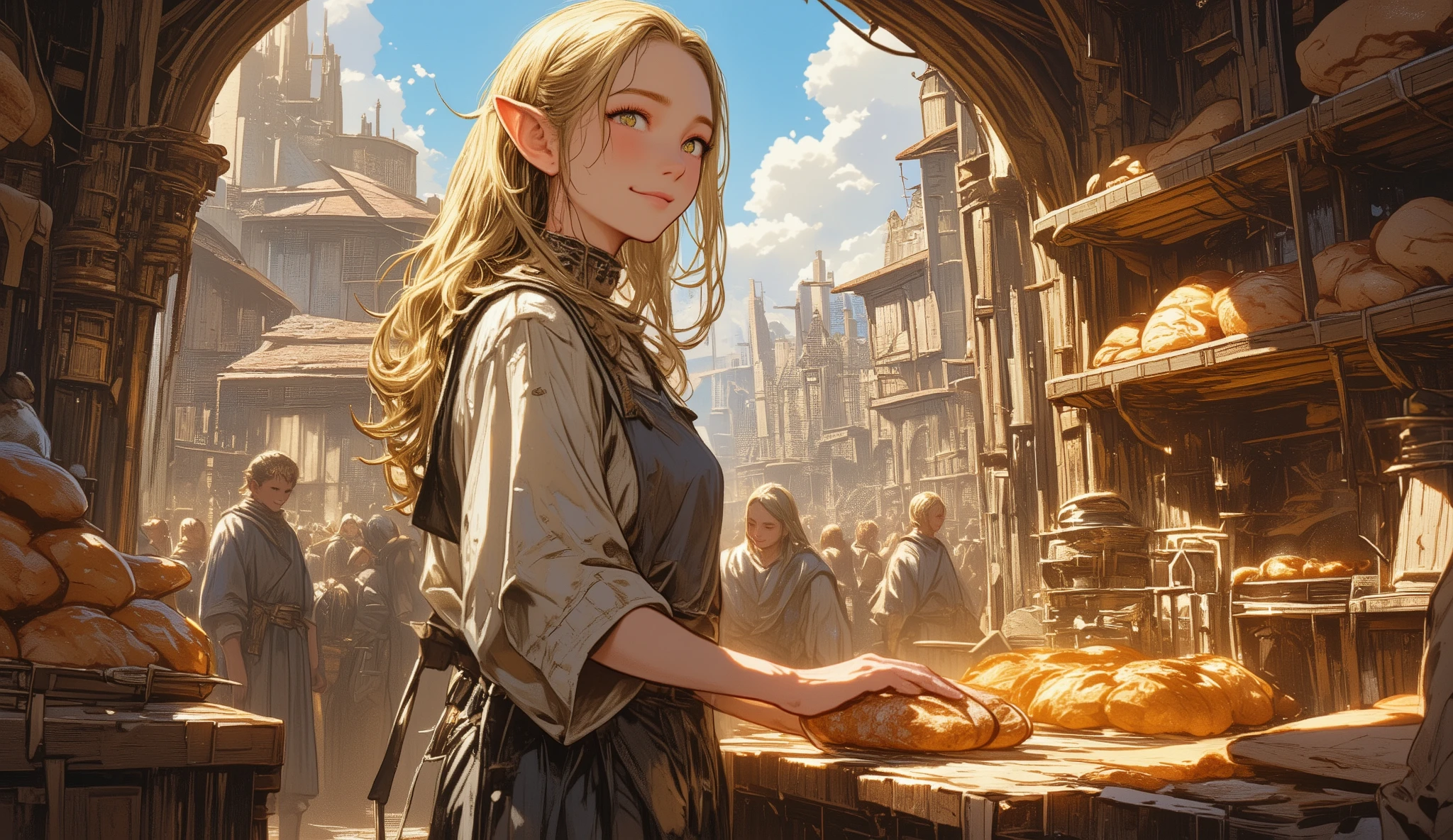 A lively medieval marketplace bathed in warm sunlight. In the foreground, a slender, graceful elven woman with long, flowing blonde hair stands behind a rustic wooden bread stall. She’s wearing a simple yet elegant apron over her light tunic, her delicate hands gently holding a fresh loaf of bread. Her face radiates warmth and kindness as she smiles at passing customers. The shelves around her are filled with various types of bread — crusty loaves, golden rolls, and twisted pastries. The background features bustling townsfolk, ornate stone arches, and sunlit rooftops of a bustling medieval cityscape, adding life and vibrancy to the scene.