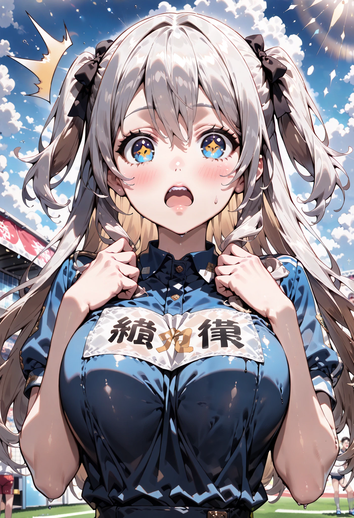 ((ultra-detailed)), (highly detailed CG illustration), (best quality:1.2), ultra-highly detailed, colorful composition, artistic photoshoot, 1girl, solo focus, ((upper body:1.4)), moe anime character,  girl, dainty facial structure, (bab(round face), ((rounded chin:1.2)), celia-default, celia claire, (blue eyes), sparkle eyes, ((silver hair color)), ((two side up)), (hair ribbon with red), (school gym uniform), ((navy blue school gym buruma:1.4)), ((surprised:1.6)), ((blush:1.4)), ((looking viewer)), ((wet:1.4)), ((Sweat:1.4)), ((Blue sky and clouds background)), from front, best quality, masterpiece, expecting, pink cheek, blush, light pink gloss slip, portrait, depth of field, soft lighting, sidelighting, (shine), lighting, caustics, ray tracing, perfect face, lustrous skin, highly detailed face, perfect face, perfect nose, perfect hair, perfect anatomy, beautiful hair, beautiful small face, extremely detailed face, beautiful clavicle, beautiful body, beautiful ample breasts, leavage, breasts squeezed together, equalize the size of the left and right breasts, beautiful fingers, 4 fingers, 1 thumb, lovely, (very detailed background:1.0), (highly detailed background:1.0), spring aesthetic, intricate details, joyful atmosphere, spring colors palette, chromatic aberration