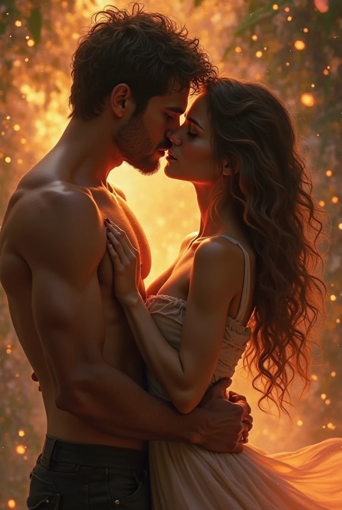A handsome long-haired tanned boy semi-nude kissing a  short-haired pale girl with fiery orange hair semi-nude accepting his kiss, intricate detailed faces, extremely detailed eyes and lips, cinematic lighting, dramatic romantic atmosphere, vibrant colors, photorealistic, 8k, high quality, masterpiece