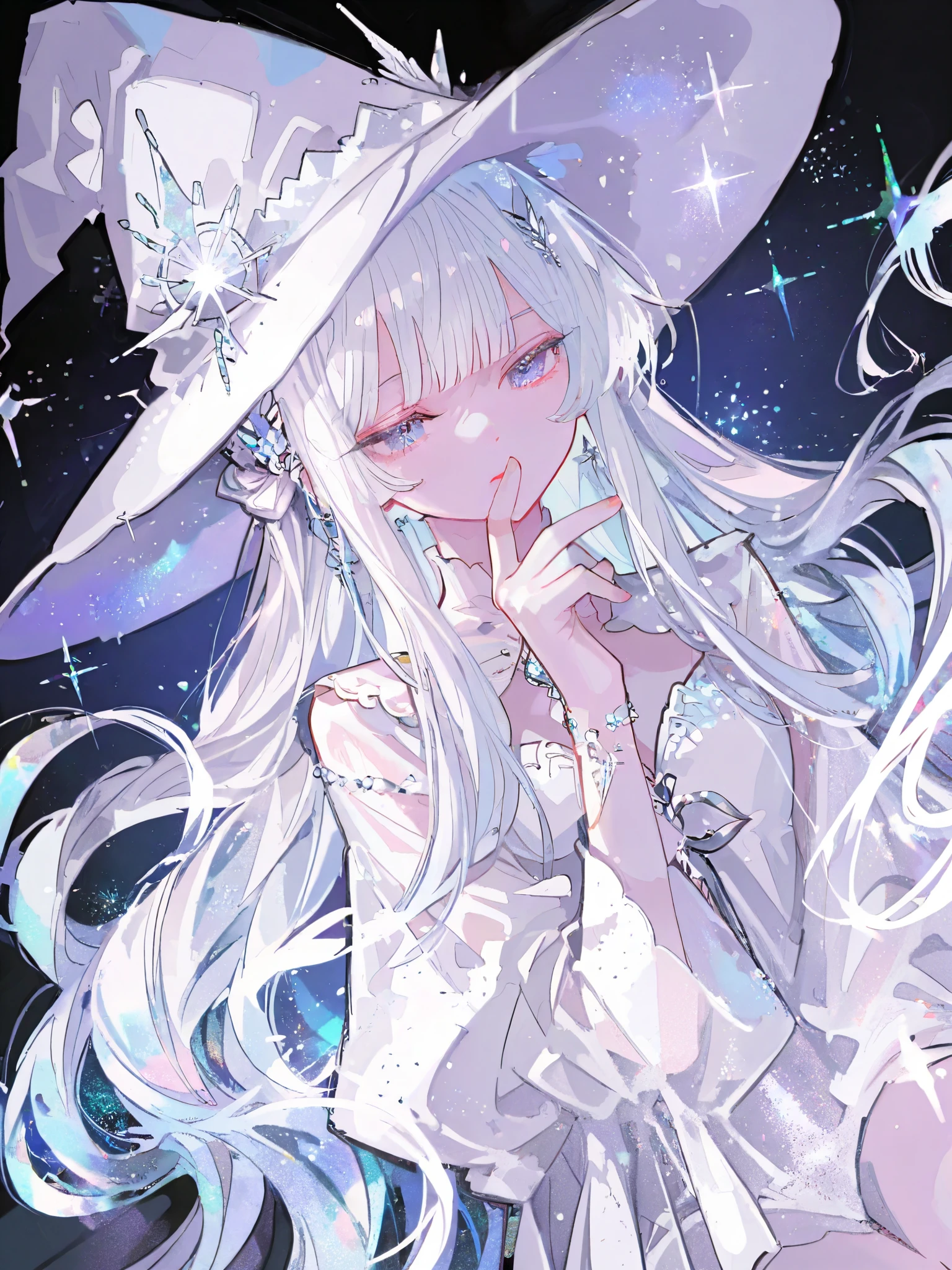 White witch,A girl, Solo, long hair, watching viewers,straight bangs, hair floating in the air, very long hair , solemn,subjective point of view, Dutch angle, HAIR ACCESSORIES , Jewelry, witch hat, Glitter effect, illustration, animation 스타일, animation, character design,