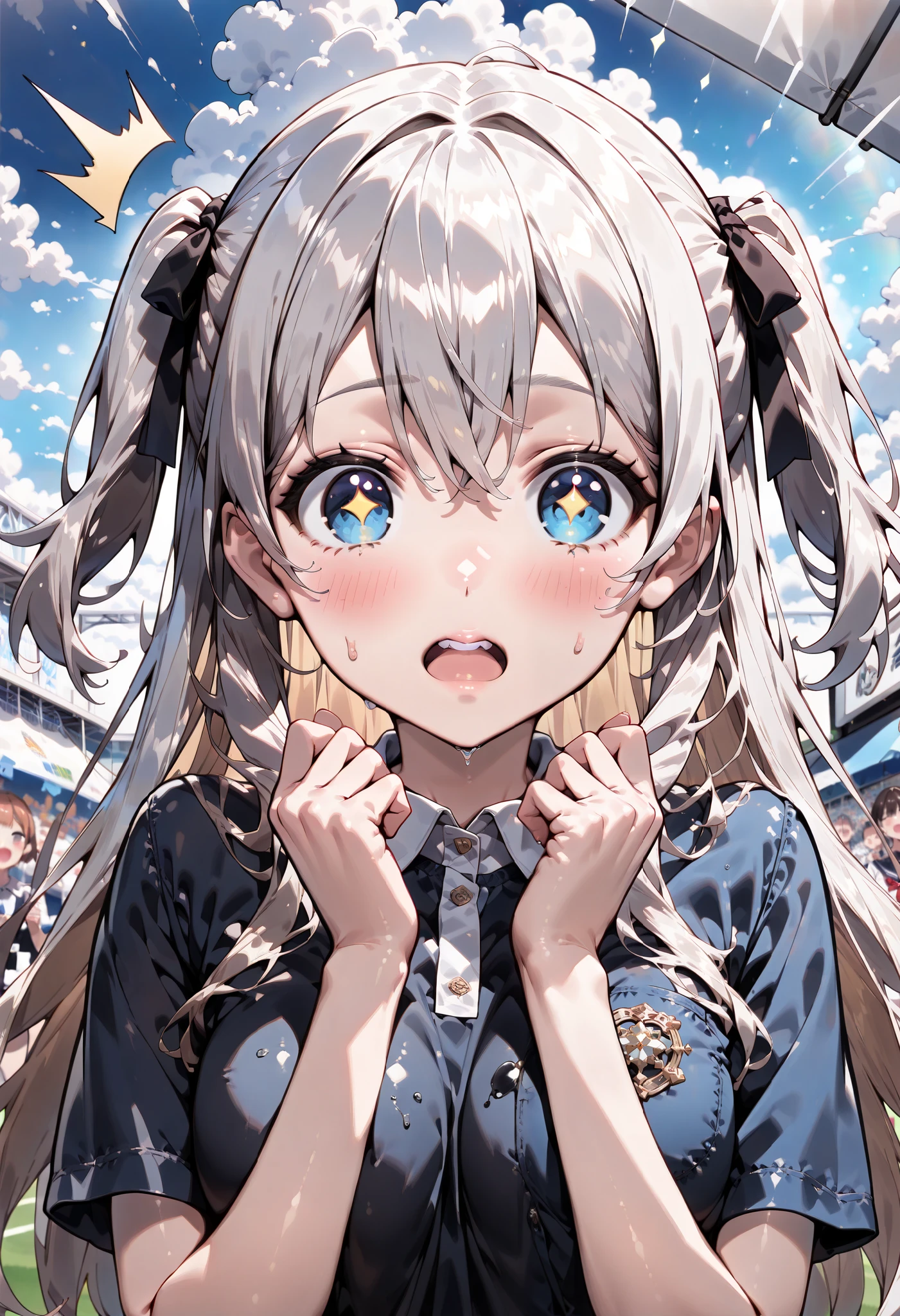 ((ultra-detailed)), (highly detailed CG illustration), (best quality:1.2), ultra-highly detailed, colorful composition, artistic photoshoot, 1girl, solo focus, ((upper body:1.4)), moe anime character, girl, dainty facial structure, (bab(round face), ((rounded chin:1.2)), celia-default, celia claire, (blue eyes), sparkle eyes, ((silver hair color)), ((two side up)), (hair ribbon with red), (school gym uniform), ((navy blue school gym buruma:1.4)), ((surprised:1.6)), ((blush:1.4)), ((looking viewer)), ((wet:1.4)), ((Sweat:1.4)), ((Blue sky and clouds background)), from front, best quality, masterpiece, expecting, pink cheek, blush, light pink gloss slip, portrait, depth of field, soft lighting, sidelighting, (shine), lighting, caustics, ray tracing, perfect face, lustrous skin, highly detailed face, perfect face, perfect nose, perfect hair, perfect anatomy, beautiful hair, beautiful small face, extremely detailed face, beautiful clavicle, beautiful body, beautiful ample breasts, leavage, breasts squeezed together, equalize the size of the left and right breasts, beautiful fingers, 4 fingers, 1 thumb, lovely, (very detailed background:1.0), (highly detailed background:1.0), spring aesthetic, intricate details, joyful atmosphere, spring colors palette, chromatic aberration