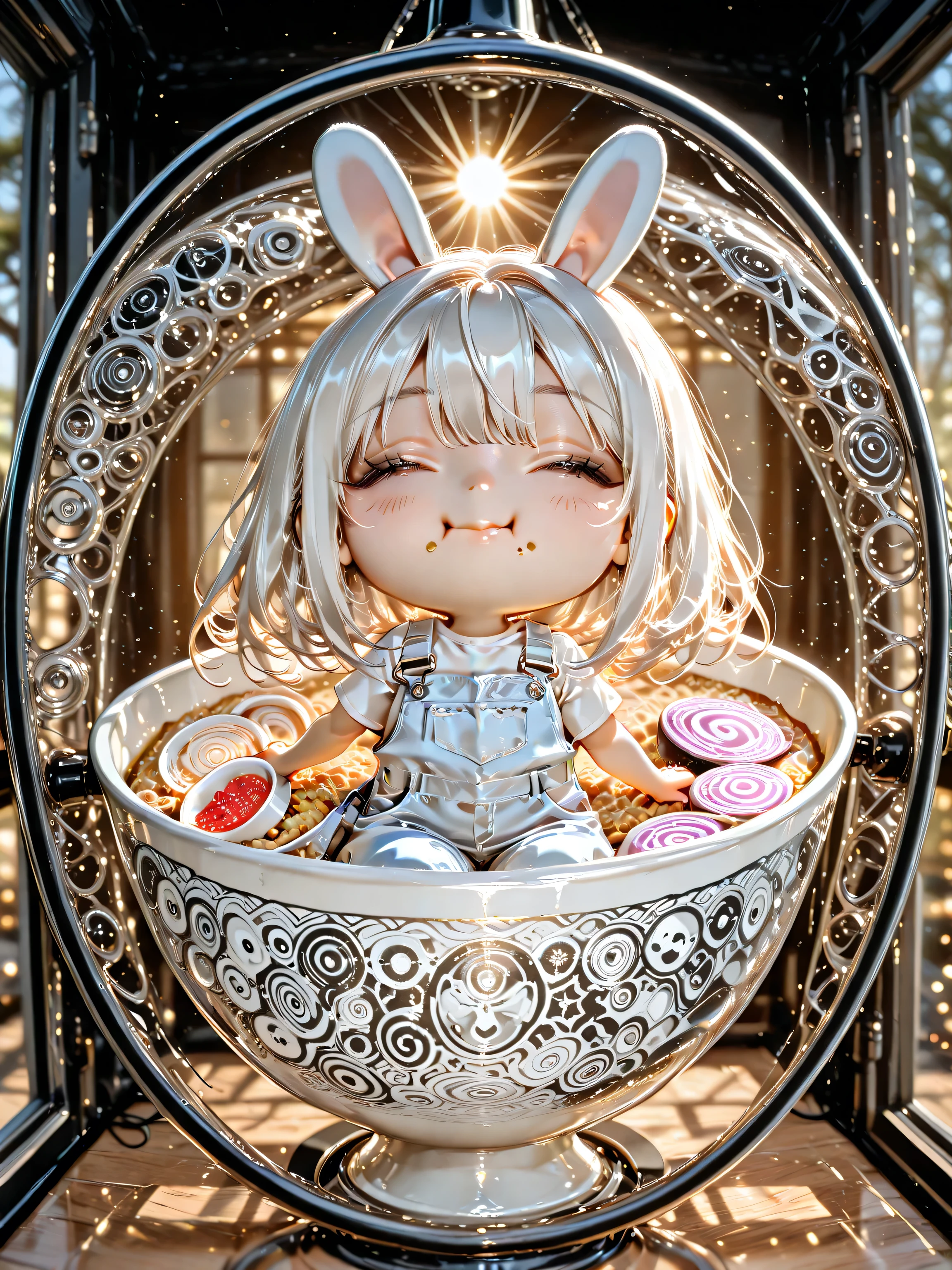 high definition、Super Detail、( 1girl :1.5),( chibi:2.0)、intricate details, depth field, natural light, professional lighting, a boy who is 135 cm tall 、Singing with a guitar 、from the window glass overall {x} rabbit ears , cute girl with long white hair with gray hair eating ramen、Seen from a distance、 smiling softly 、uncorrected、top quality、Accurate human body design diagram、perfect anatomy、 hand-drawn illustration、 crayon art 、Abstract Patterns、 cute anime、dynamic、I'm eating ramen