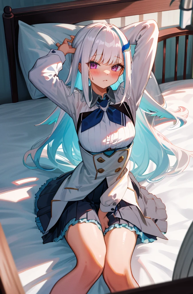 Cute girl, long white hair, Wear a shirt with small cuts out on shoulders, the clothes colour is white, Blue eyes, she on the bedroom,
