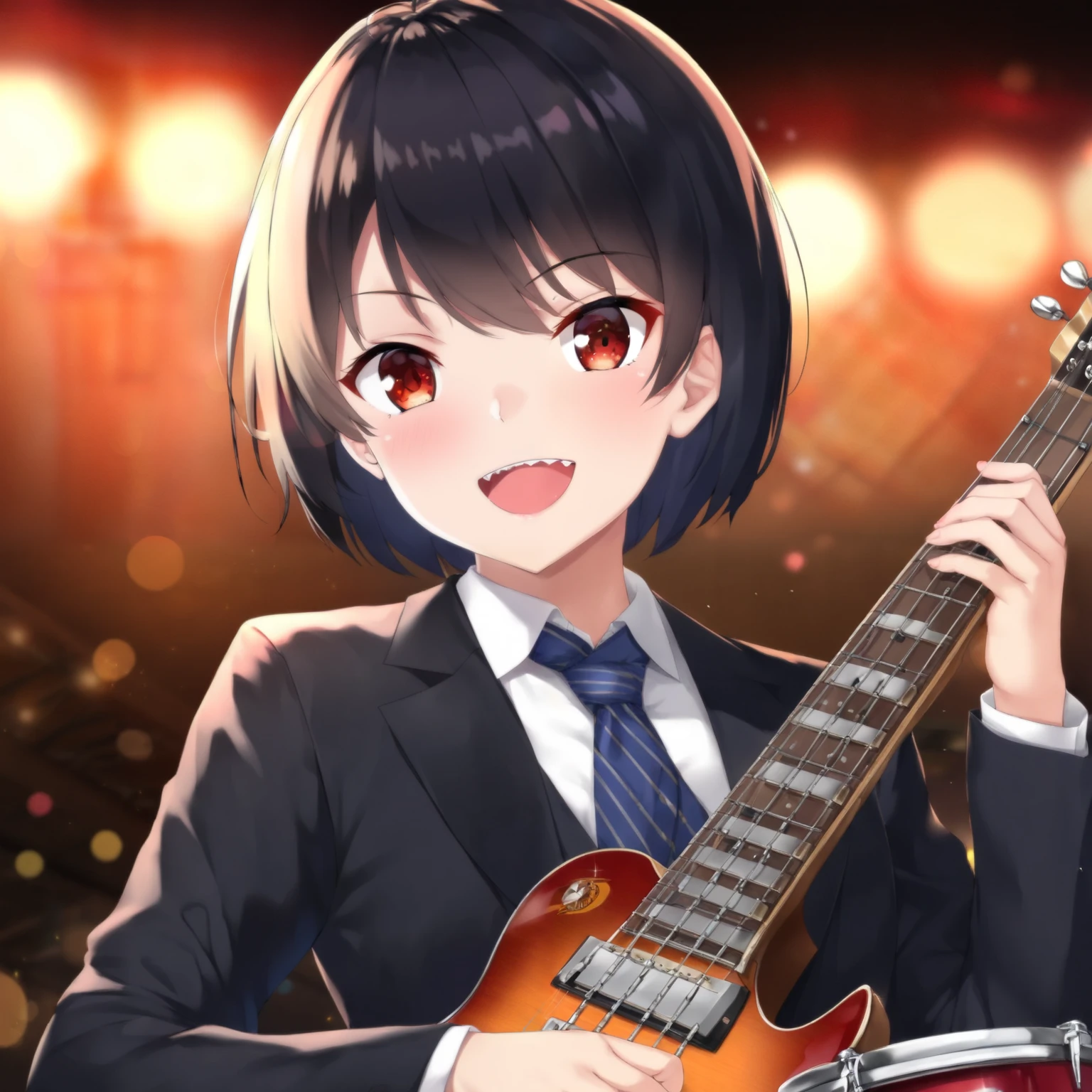 (best quality,8k,highres, masterpiece:1.2), (anime style),ultra-detailed, HDR, UHD, studio lighting, ultra-fine painting, sharp focus, physically-based rendering, extreme detail description, professional, vivid colors, bokeh, portraits, concept artists, warm color palette, dramatic lighting,A girls-only jazz band, The girls are playing the trumpet, guitar, and drums, each with cheerful smiles, live at the cultural festival, and they are all wearing suits while performing.