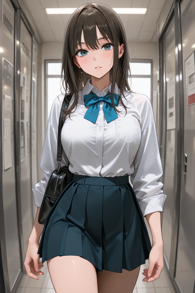 (Best quality, 8K, Masterpiece:1.3, 1 girl, solo, Beautiful girl), cute, Dynamism, Detailed face, Detailed skin, detailed clothes, Detailed eyes, Detailed lips, Detailed tongue, Detailed fingers, Detailed mouth, Photorealistic, Raw photo, highres, hight resolution, Natural lighting, dynamic pose, perfect anatomy, toned legs, double eyelids, tear bags, round eyes, moist lips, sweaty, ecstatic face, school uniforms, pleated skirt, blunt bangs, short hair, in the crowded train, crowds, half closed eyes, (masturbation), nipples visible through clothes, sheer wet, blush, pov, open mouth, tongue out, ahegao smile, drooling, peeing, cum on thighs, skirt lift by own hands, standing, pantyhose, pubic hair visible through clothes, from below, nsfw