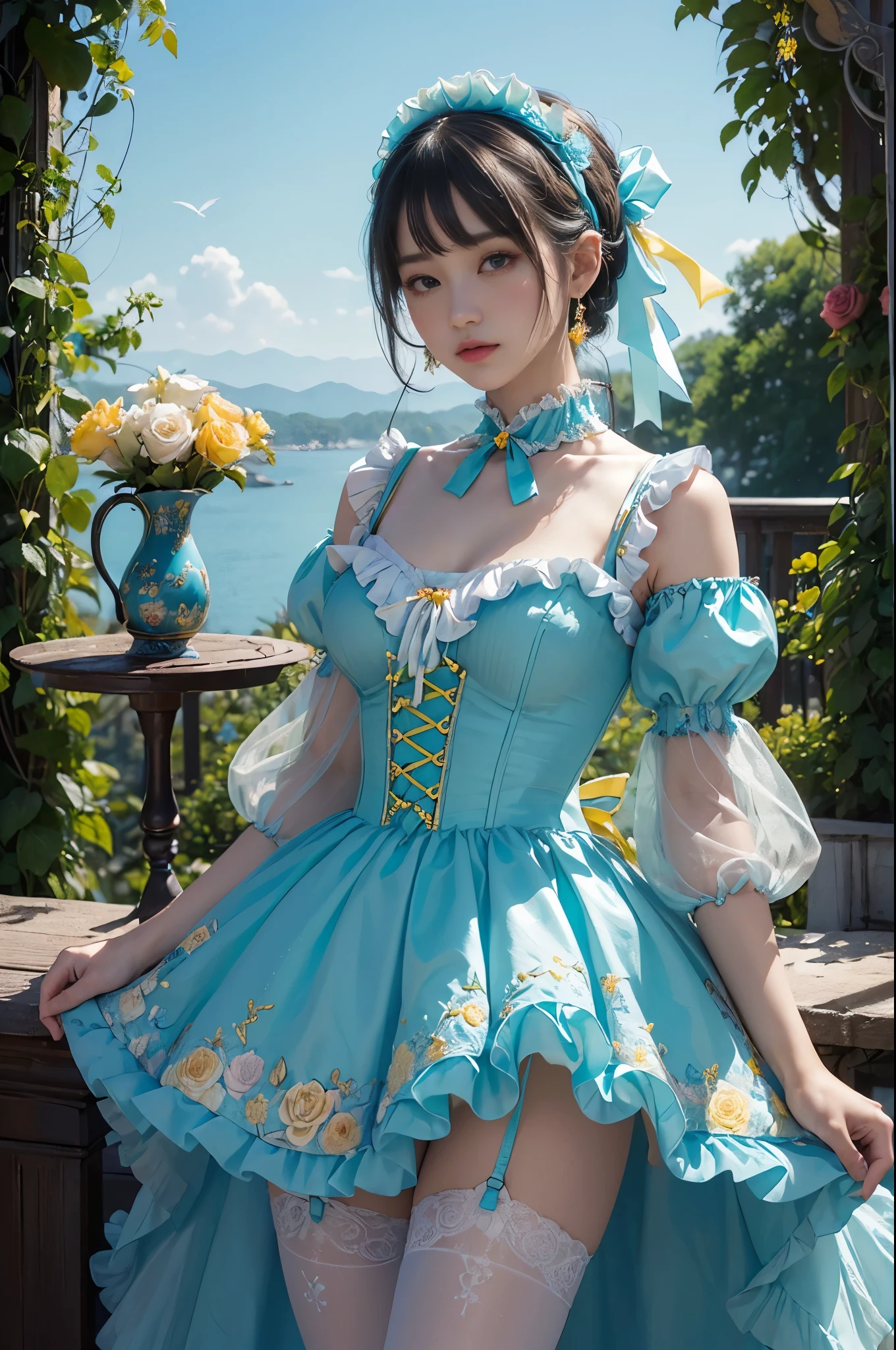 nikon RAW photo,8k,Fujifilm XT3,masterpiece,best quality,realistic,photorealistic,ultra detailed,extremely detailed face,cinematic lighting, gril,1girl,solo,full body, earrings, edium breasts, high heels, dynamic pose,happy,Surrounded by flowers,(flower:1.2),Rich details,fashion,cuteg, magic,
living room,
Olive long bob cut,
ForestGreen Rose Dress,<lora:lolita_dress_classic_1_v3:0.45>
<lora:jurita:0.7>