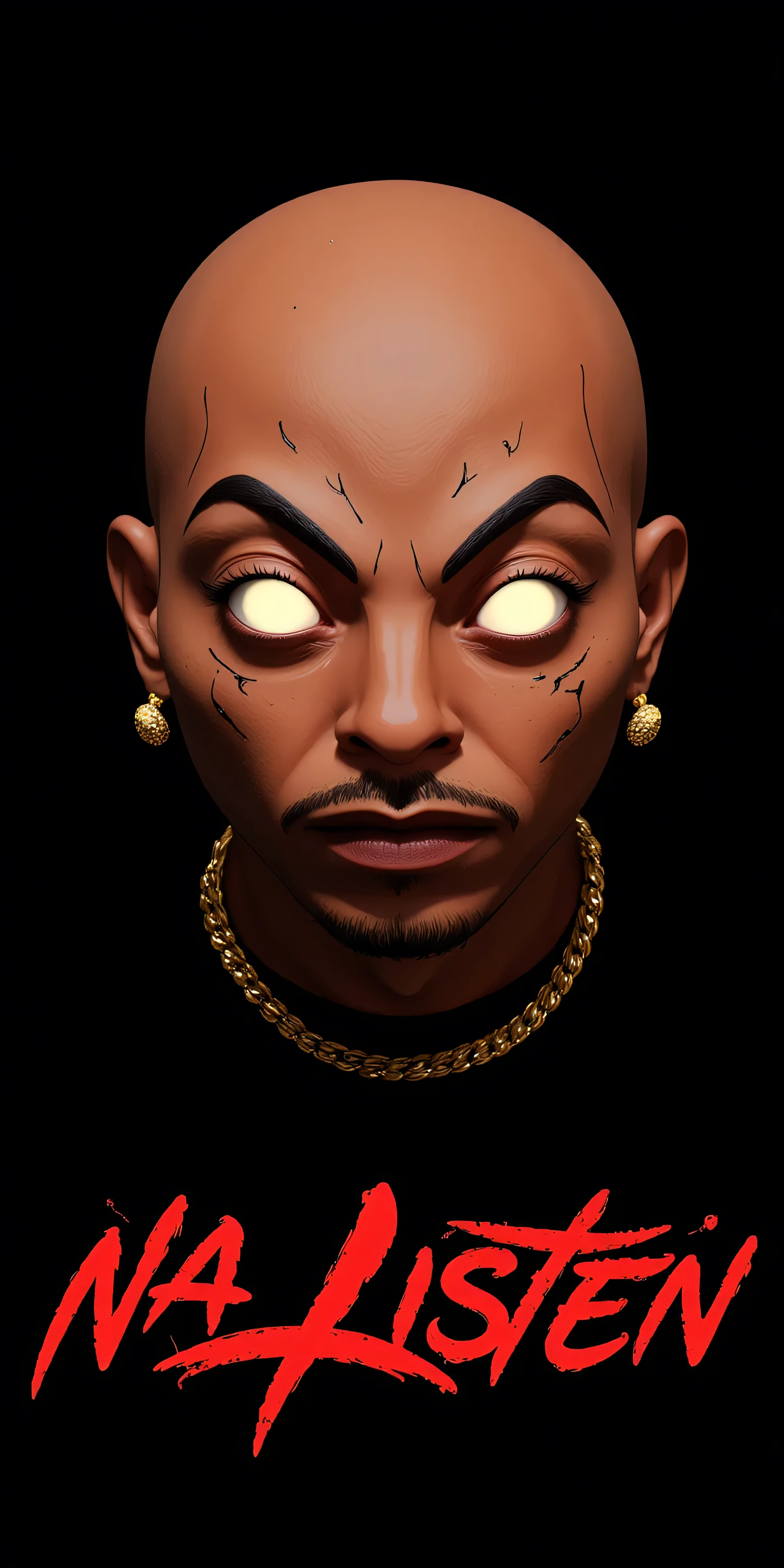 2D Character Nztykle Logo bold text that say “ Na Listen "::5.6 type glyphs and swooshes diamonds rubies and gems::6.8 Minneapolis Minnesota cityscape 🌆 colors red and orange, 3D animated Bald Character Nztykle Male, Ultra realistic full body shot of the right side of an alien's face, intricate skin texture wearing streetwear, glowing eyes, eerie expression, with a black background. Concept of mystery and fear, 8k, HD , characterDesignSheetQuironundefined,