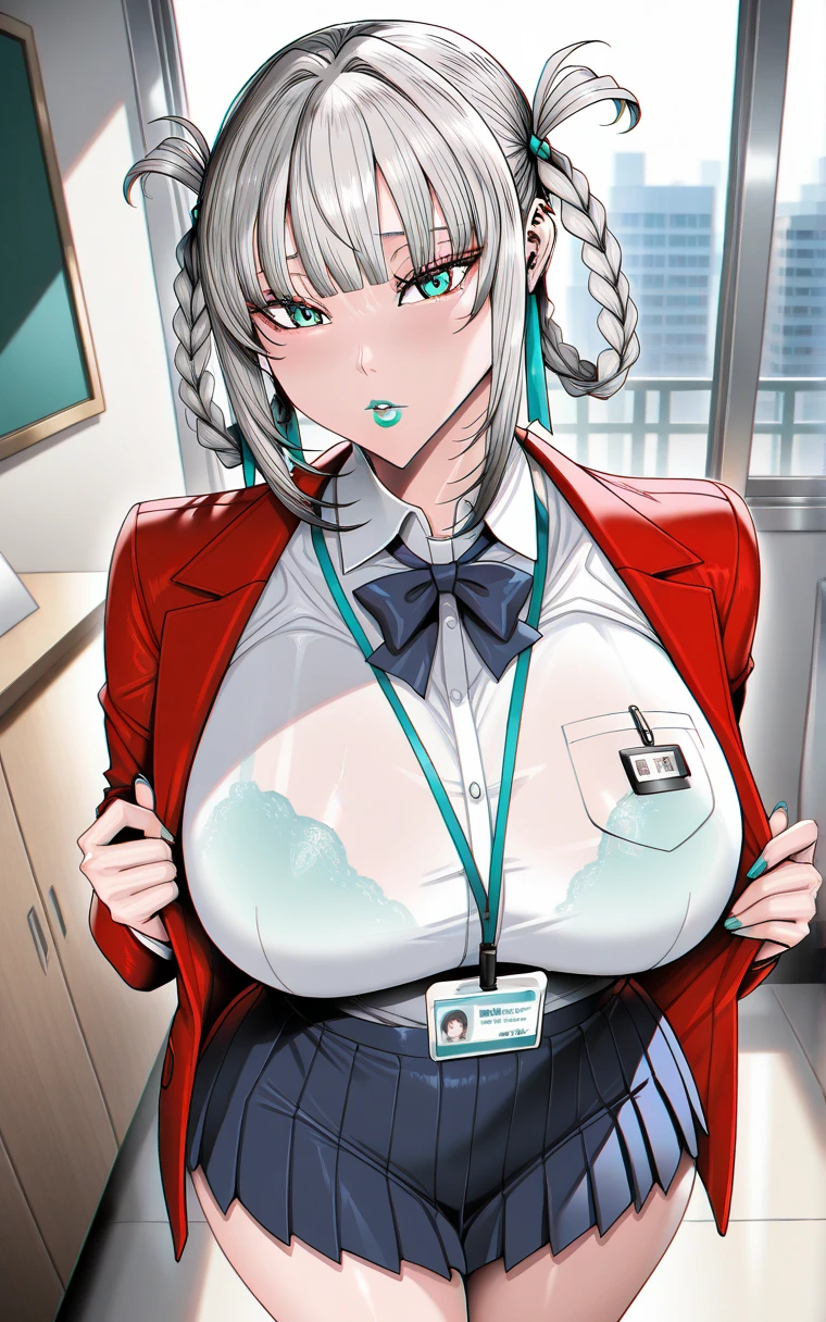 masterpiece , best quality , 1 sexy girl , (1 goose:1.2) , lab coat, doctor's white robe , (covered nipples:0.9) , (gigantic tits:1.2) , (thick arm:1.1) , thick thigh , gigantic hip , (white hair:1.1) , (plump:1.1) , surrounded by sci-fi machinery and monitor , (black glasses:1.1) , (evil smile:1.1) , (holding red crystal:1.2) ,