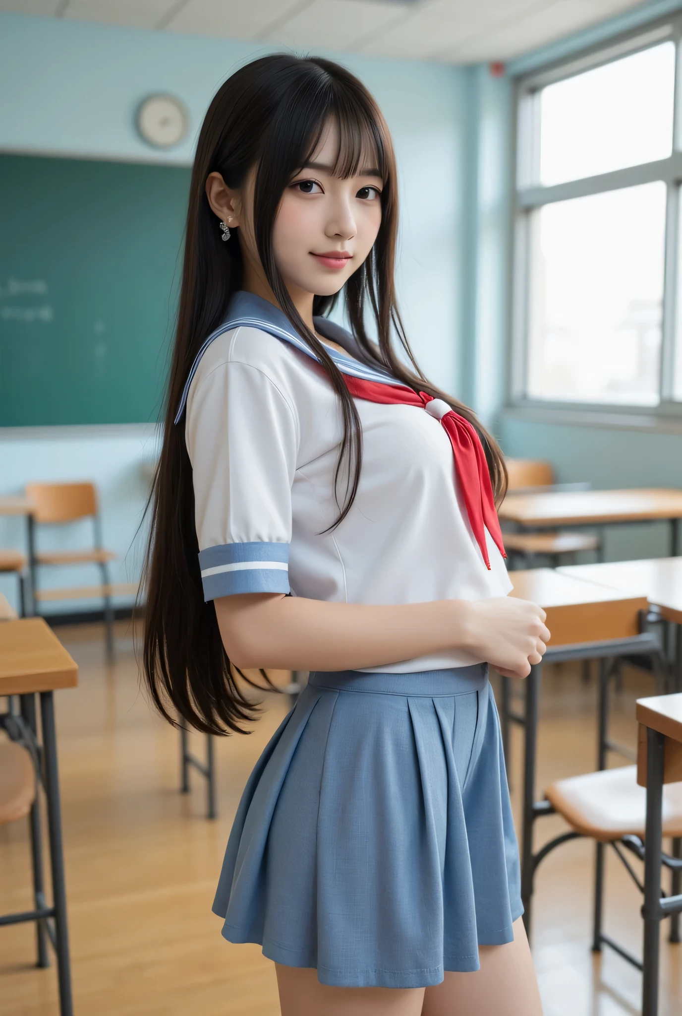 japanese cute idol, Japanese cute girl, kawaii, a beautiful young girl dressed up as a sailor girl standing in the school gym strage room, 1girl, solo, school uniform, serafuku, skirt, black hair, long hair, looking at viewer, socks, masterpiece, best quality, hyper detailed, insanely detailed, 16k, absurdres, japanese,cute, kawaii, photorealistic, Realism, raw photo, real person,
