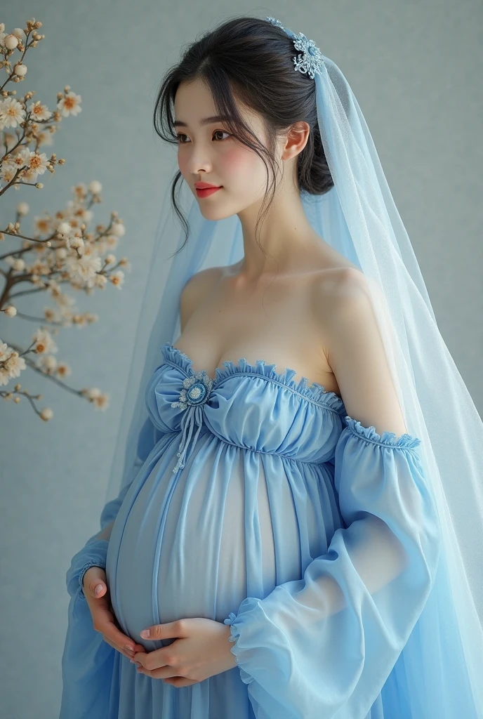 Yuuji Itadori, pregnant, Blue dress, Brown eyes, White skin