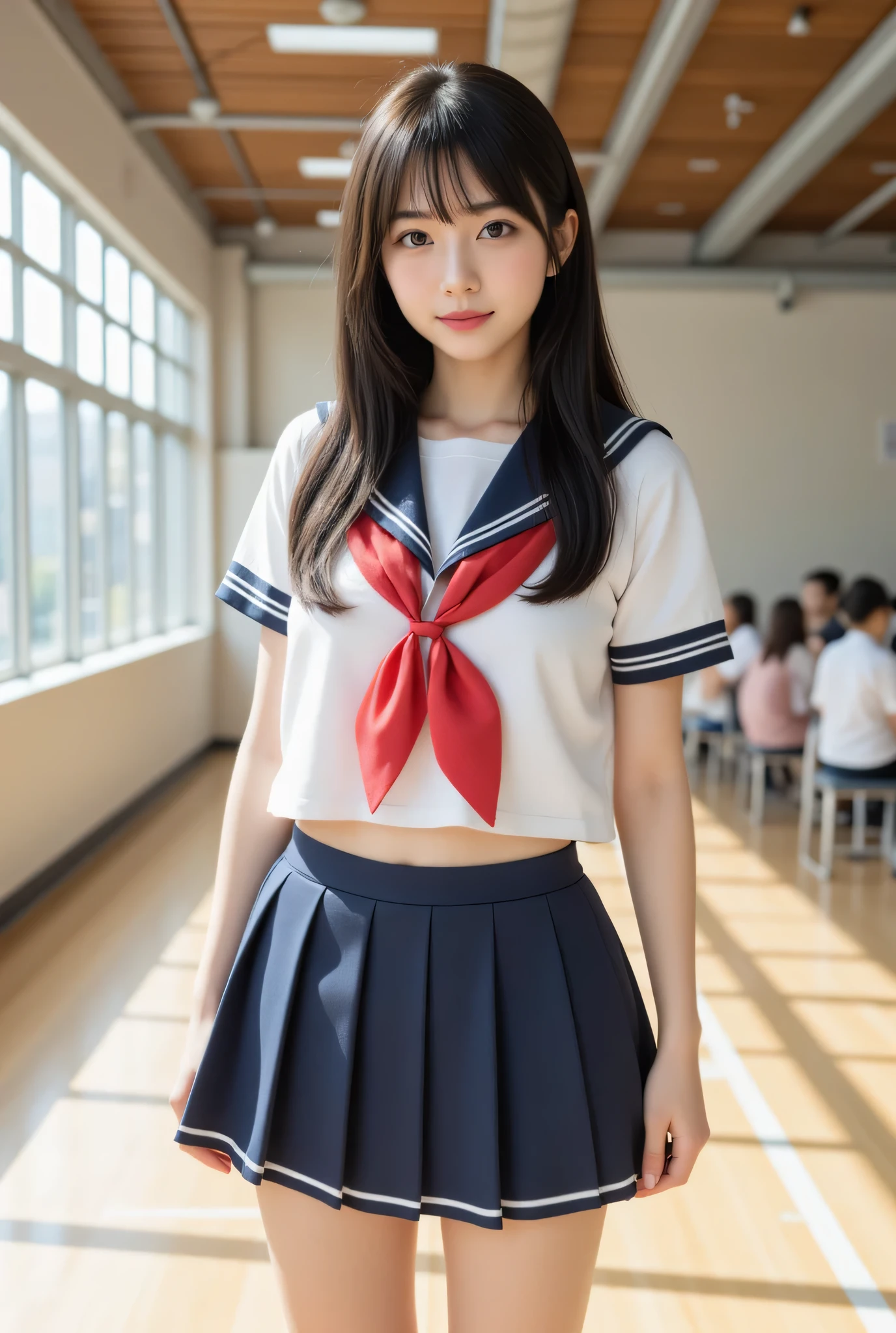 japanese cute idol, Japanese cute girl, kawaii, a beautiful young girl dressed up as a sailor girl standing in the school gym strage room, 1girl, solo, school uniform, serafuku, skirt, black hair, long hair, looking at viewer, socks, masterpiece, best quality, hyper detailed, insanely detailed, 16k, absurdres, japanese,cute, kawaii, photorealistic, Realism, raw photo, real person,