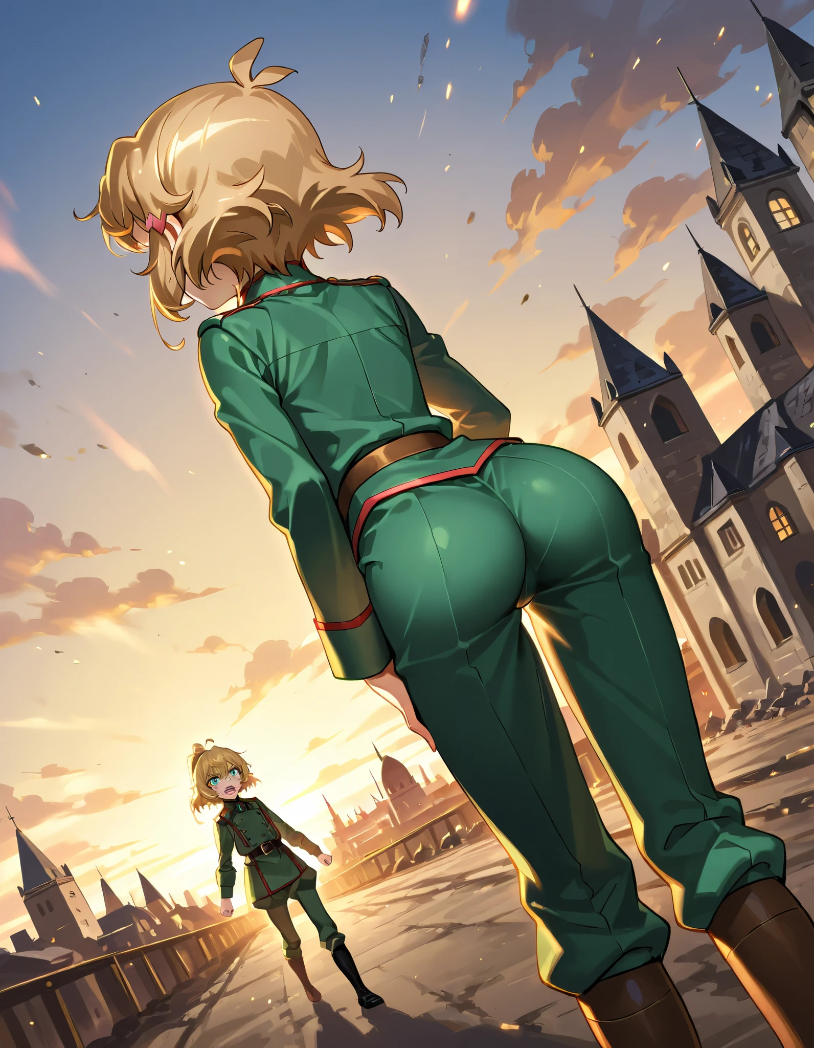 two girls、(The Saga of Tanya the Evil、 Tanya Von Degurechaff ),(symphogear, tachibana hibiki),battle、battlefield、medieval European cityscape、dynamic angle that pushes your butt up to the sky、dynamic pose、 open
