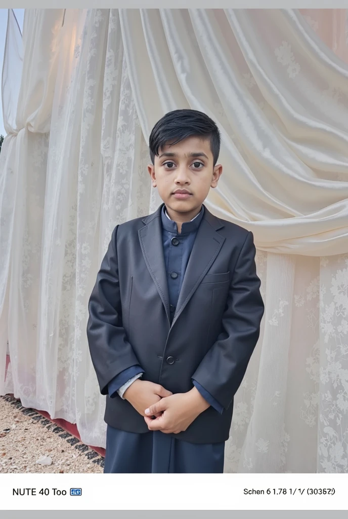 there is a young boy standing on the steps of a building, reyyan, riyahd cassiem, mohamed chahin, ayan nag, young boy, ismail, young child, 2 years old, mohamed reda, sayem reza, khyzyl saleem, very clear picture, very very low quality picture, arham horror, serious expression