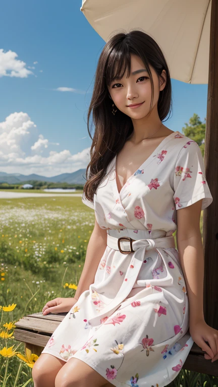 (masterpiece, best quality:1.1), (8k, raw photo, photo realistic:1.2, f22), (shiny skin),detailed skin,long hair,ribbon,detailed face, detailed eyes,smile,BREAK, real world, intricate details, smil, BREAK, 1girl, full body,(shortsleeve,dress,flower pattern),BREAK ,(Sunset 1.4)
