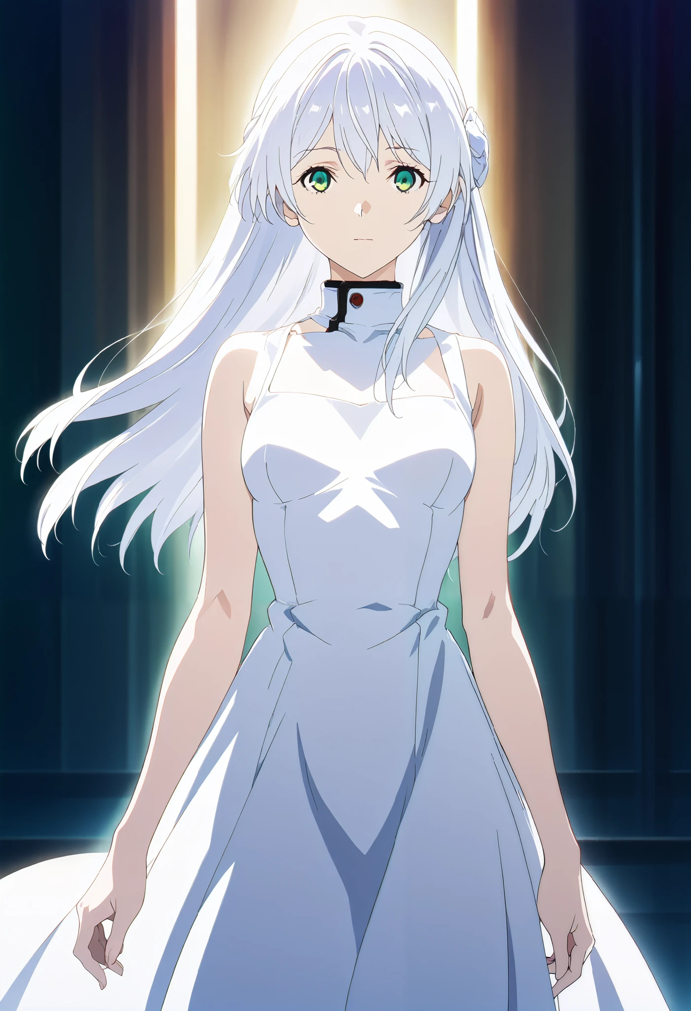 1girl, Female Elves (White dress 3.4) feet bare small WHITE HAIR A girl Standing Masterpiece, Anatomically correct, (Green Eye 5.5) From Suave Anime CG Art,